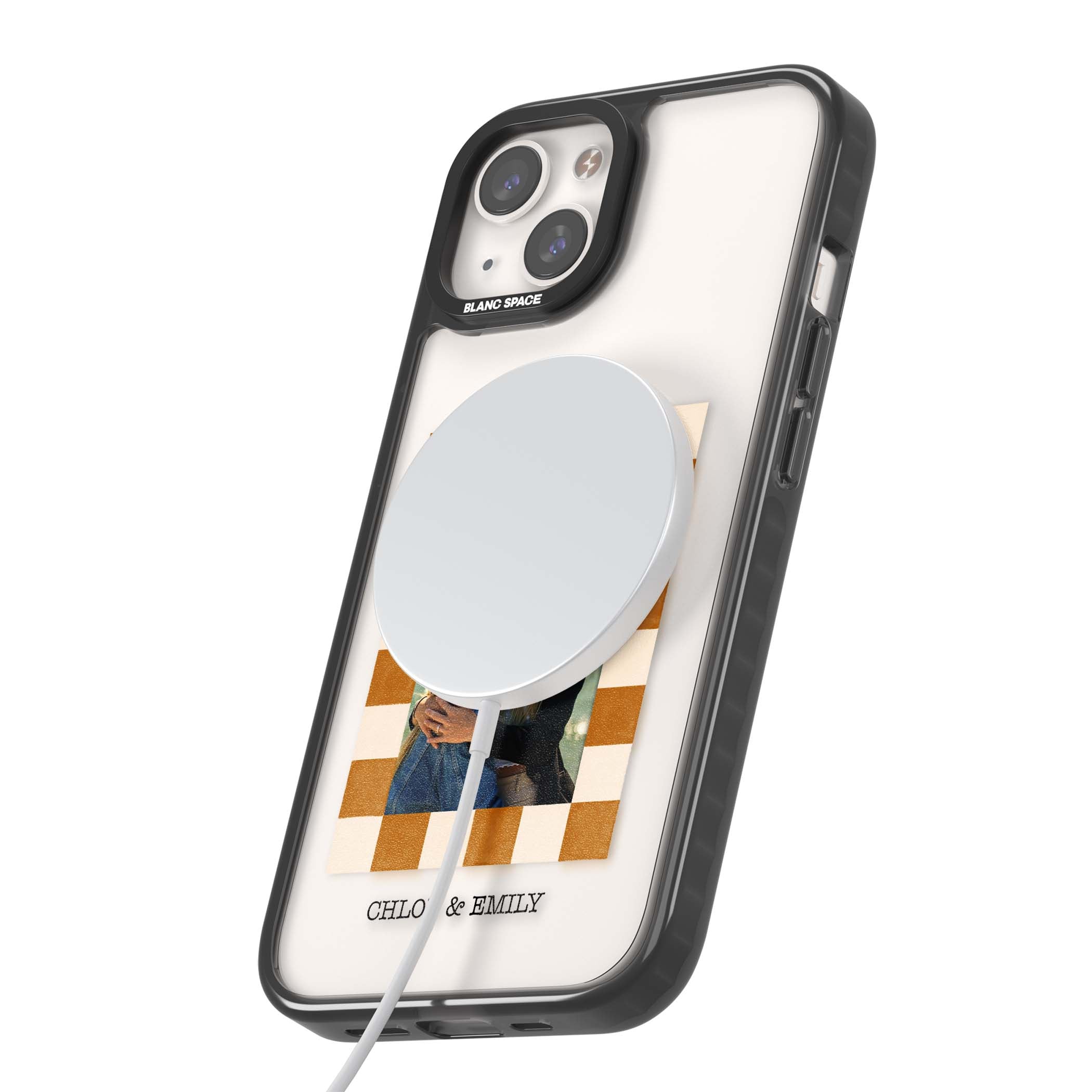 Citrus Check Photo personalised iPhone case with custom photo, orange checkered frame and names underneath | Black Impact Magsafe case for iPhone 13, iPhone 14, iPhone 15