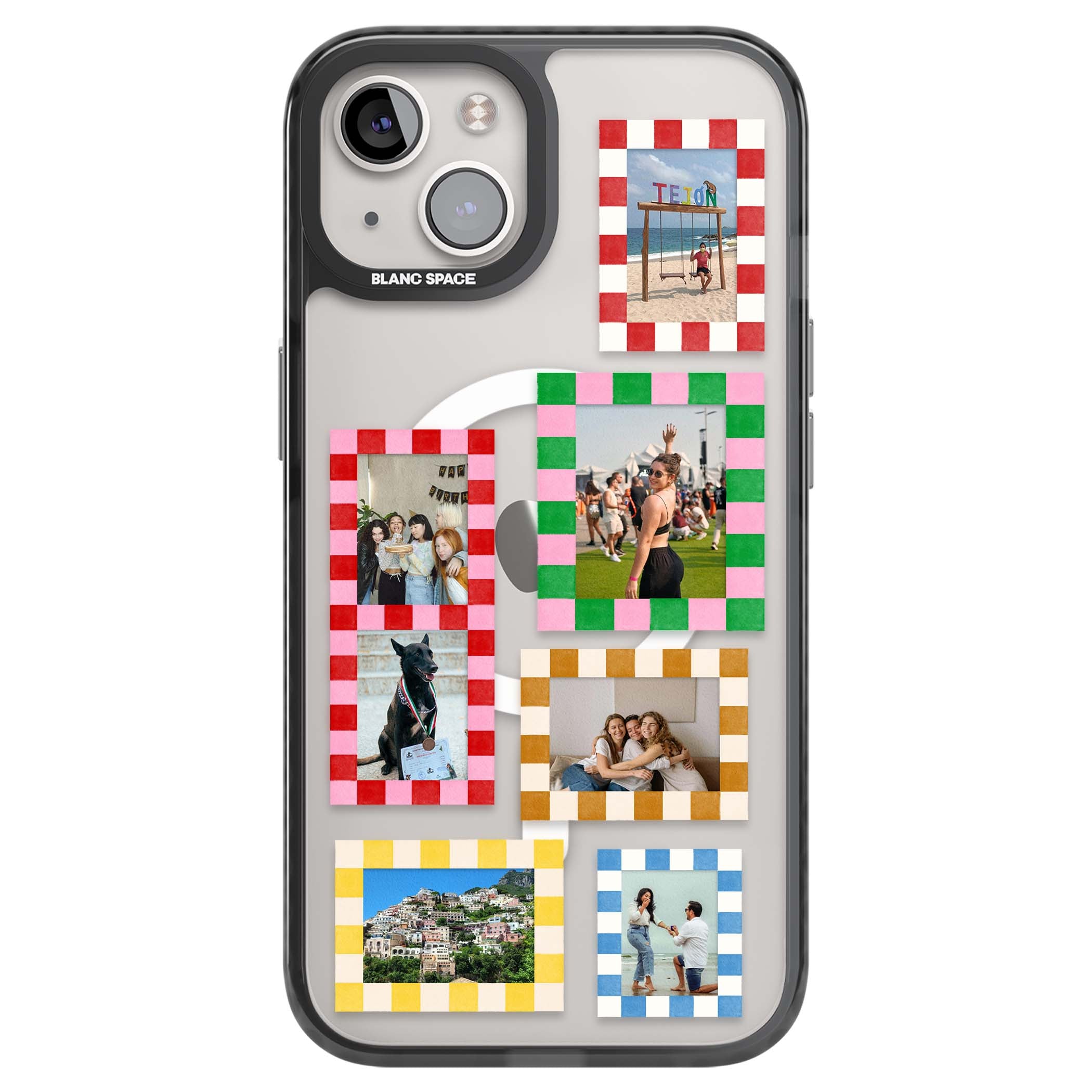 Italian Check Frames custom photo collage iPhone case featuring six checkered photo frames in red, green, pink and  | Black Impact Magsafe case for iPhone 13, iPhone 14, iPhone 15