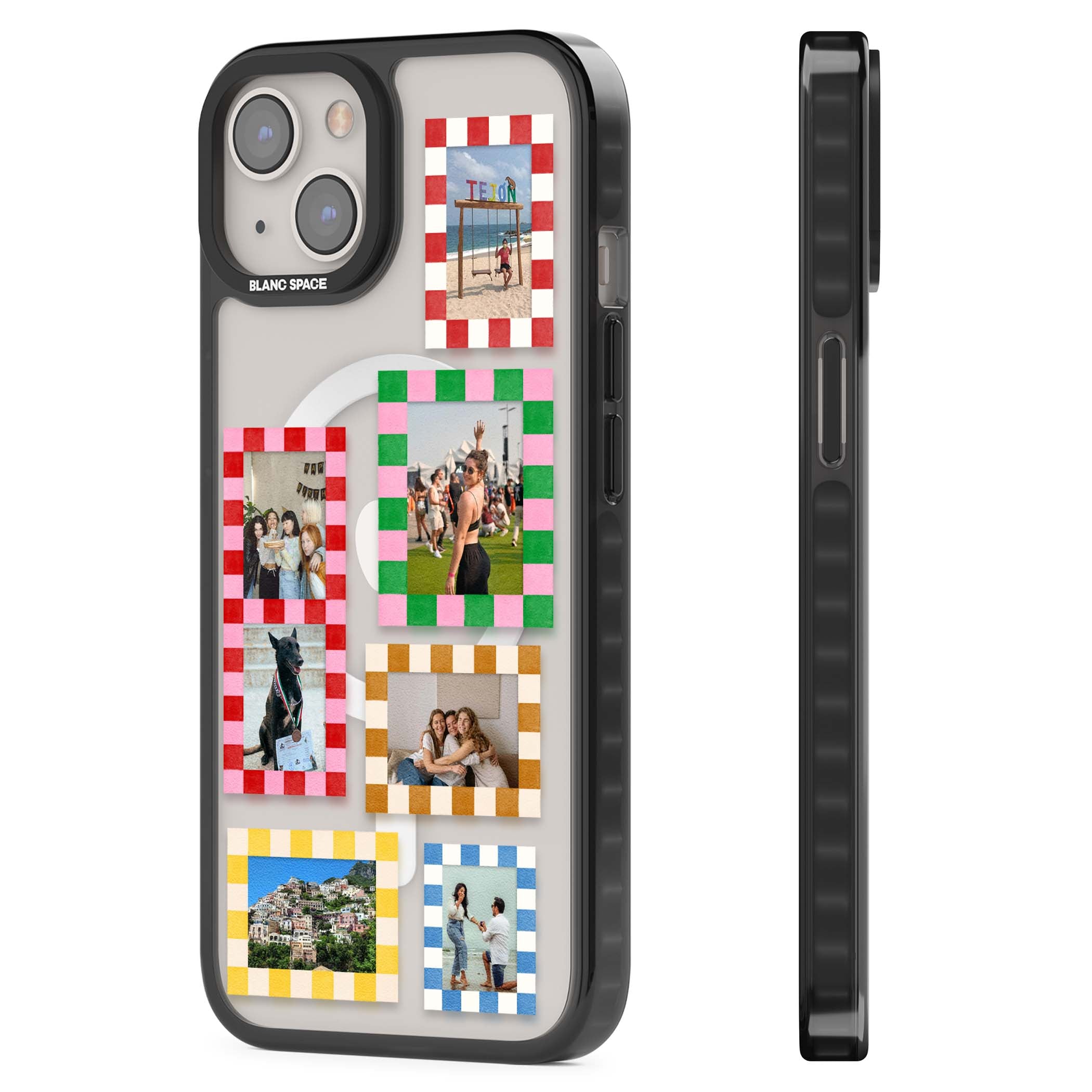 Italian Check Frames custom photo collage iPhone case featuring six checkered photo frames in red, green, pink and  | Black Impact Magsafe case for iPhone 13, iPhone 14, iPhone 15
