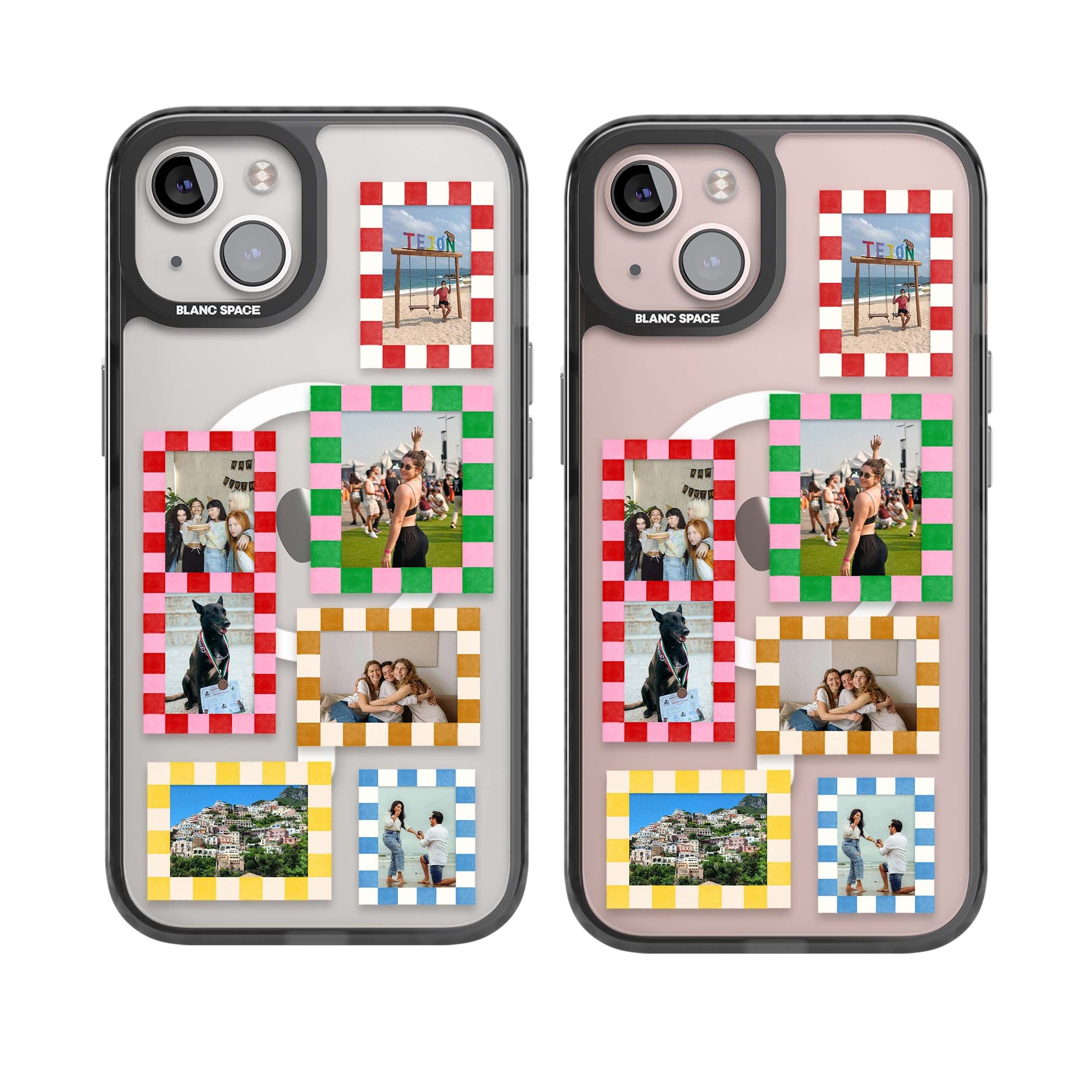 Italian Check Frames custom photo collage iPhone case featuring six checkered photo frames in red, green, pink and  | Black Impact Magsafe case for iPhone 13, iPhone 14, iPhone 15