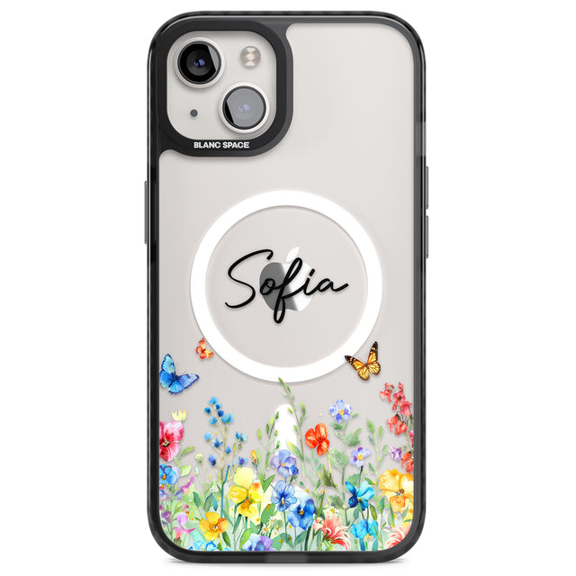 Personalised Buterflies & Wildflowers Magsafe Black Impact Phone Case for iPhone 13, iPhone 14, iPhone 15