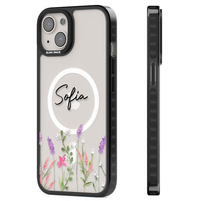 Personalised Lavender Wildflowers Magsafe Black Impact Phone Case for iPhone 13, iPhone 14, iPhone 15