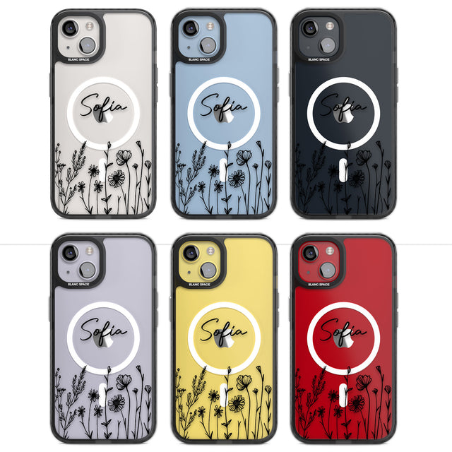 Personalised Black Wildflowers Magsafe Black Impact Phone Case for iPhone 13, iPhone 14, iPhone 15