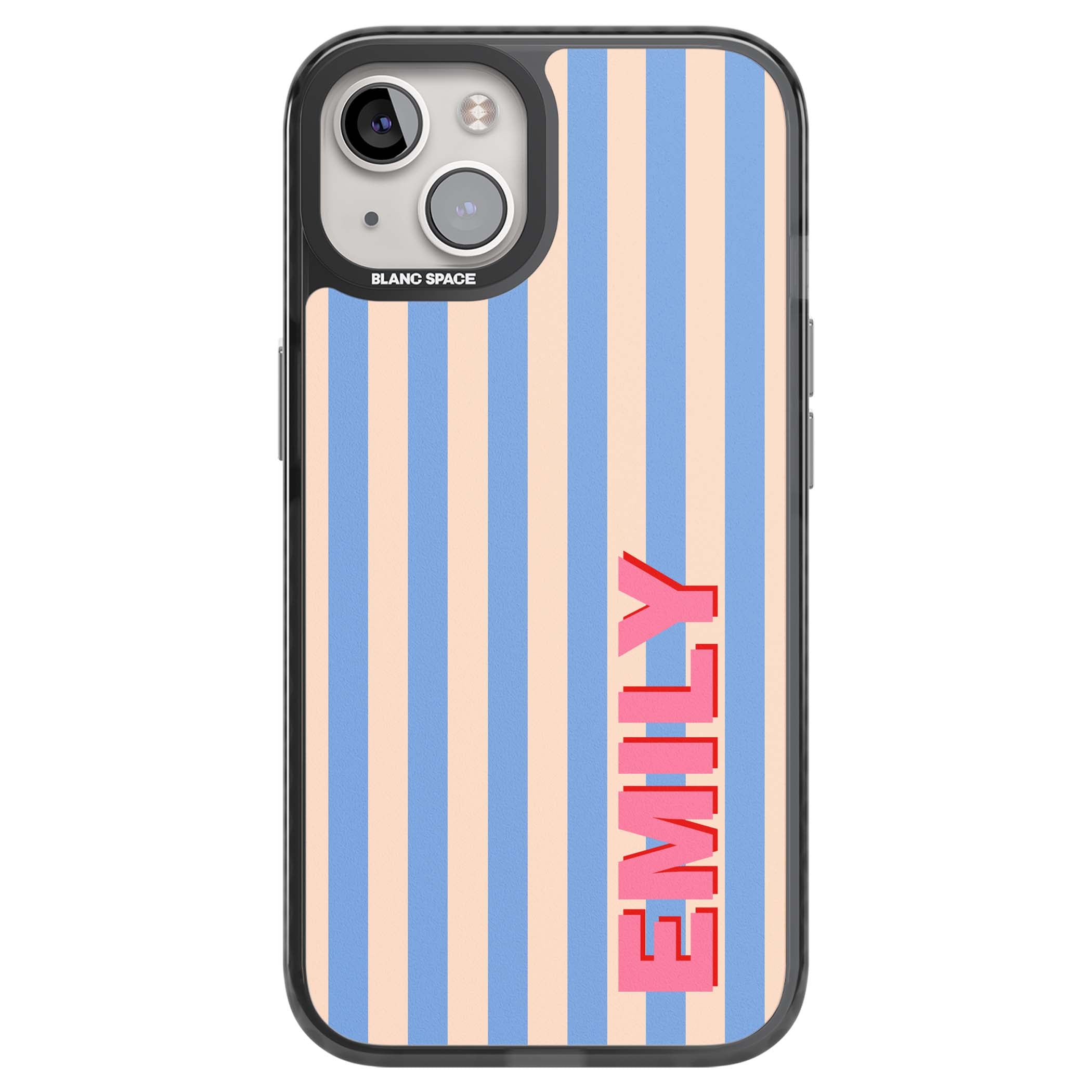 Coastal Stripe personalised coastal iPhone case with blue and peach vertical stripes and custom pink name | Black Impact Magsafe case for iPhone 13, iPhone 14, iPhone 15