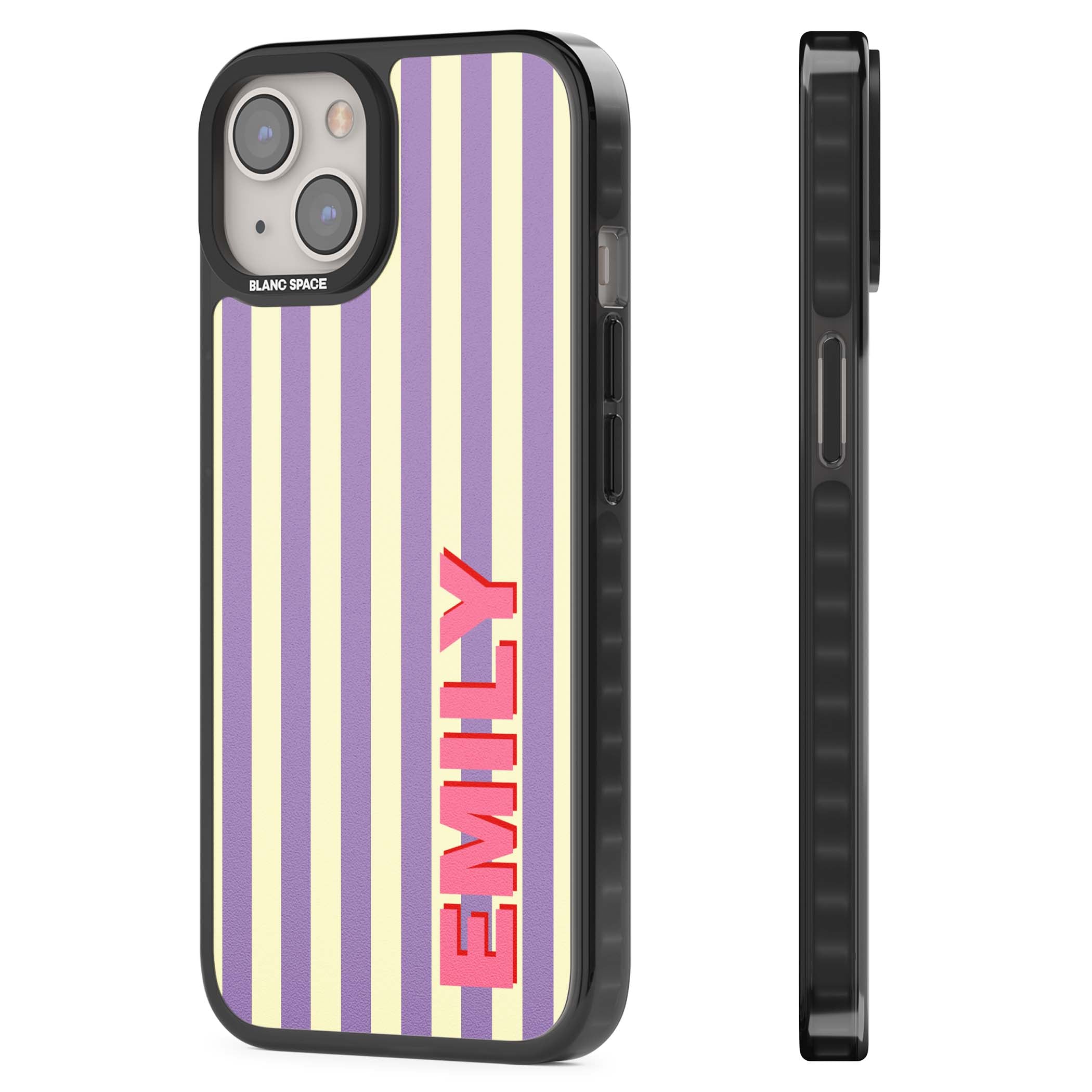 Valensole Stripe personalised iPhone case with purple and cream vertical stripes and pink custom name | Black Impact Magsafe case for iPhone 13, iPhone 14, iPhone 15