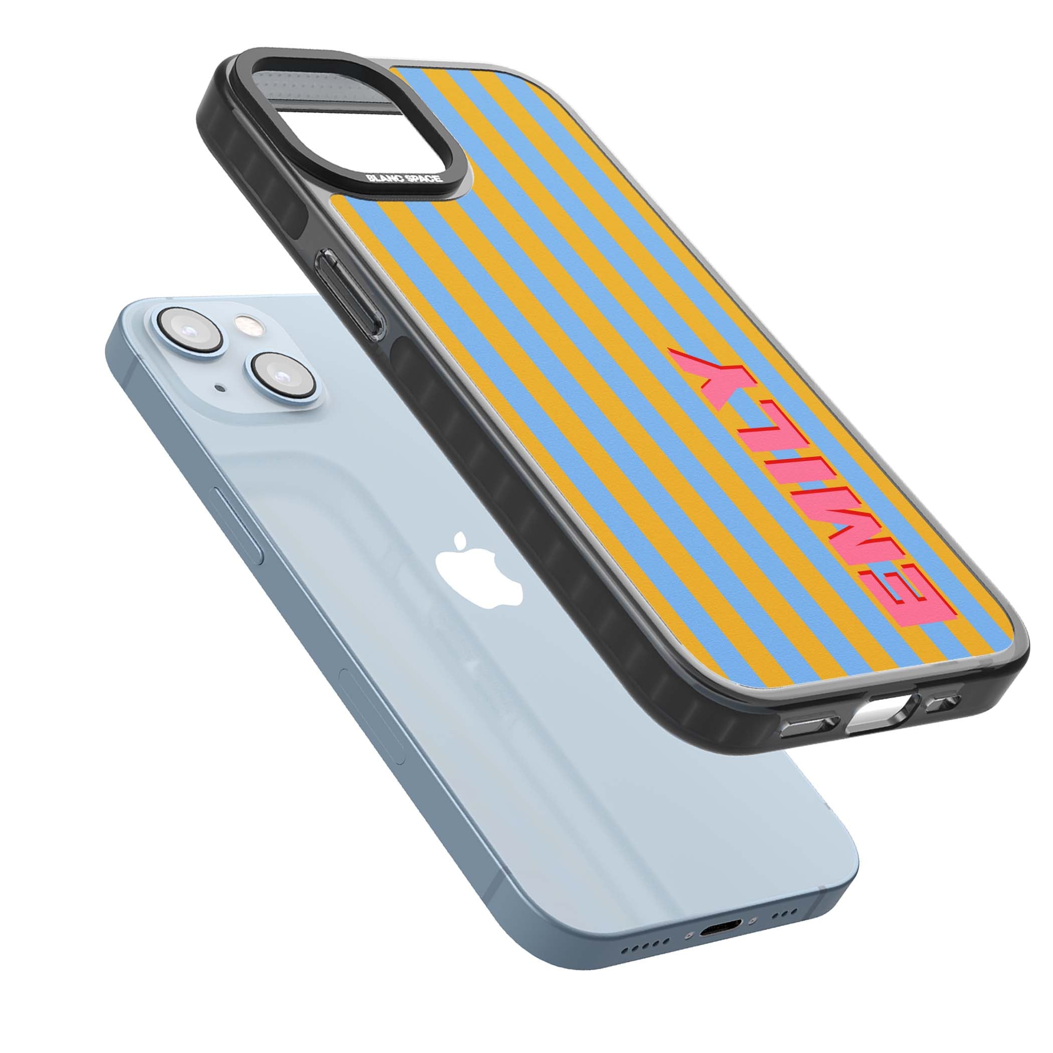 Carribean Stripe personalised coastal iPhone case with yellow and blue vertical stripes and a custom pink name | Black Impact Magsafe case for iPhone 13, iPhone 14, iPhone 15