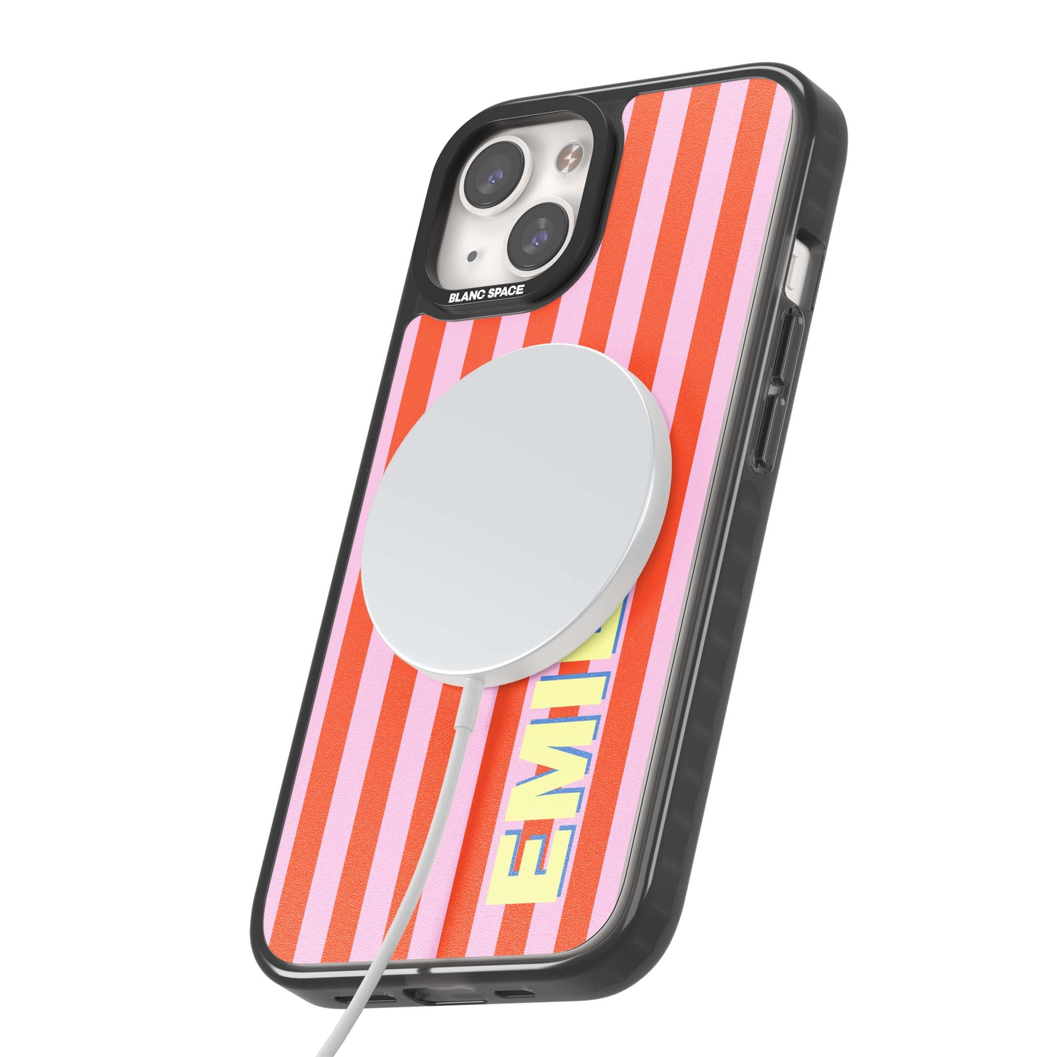 Havana Stripe personalised iPhone case featuring pink and orange vertical stripes with a custom yellow name | Black Impact Magsafe case for iPhone 13, iPhone 14, iPhone 15