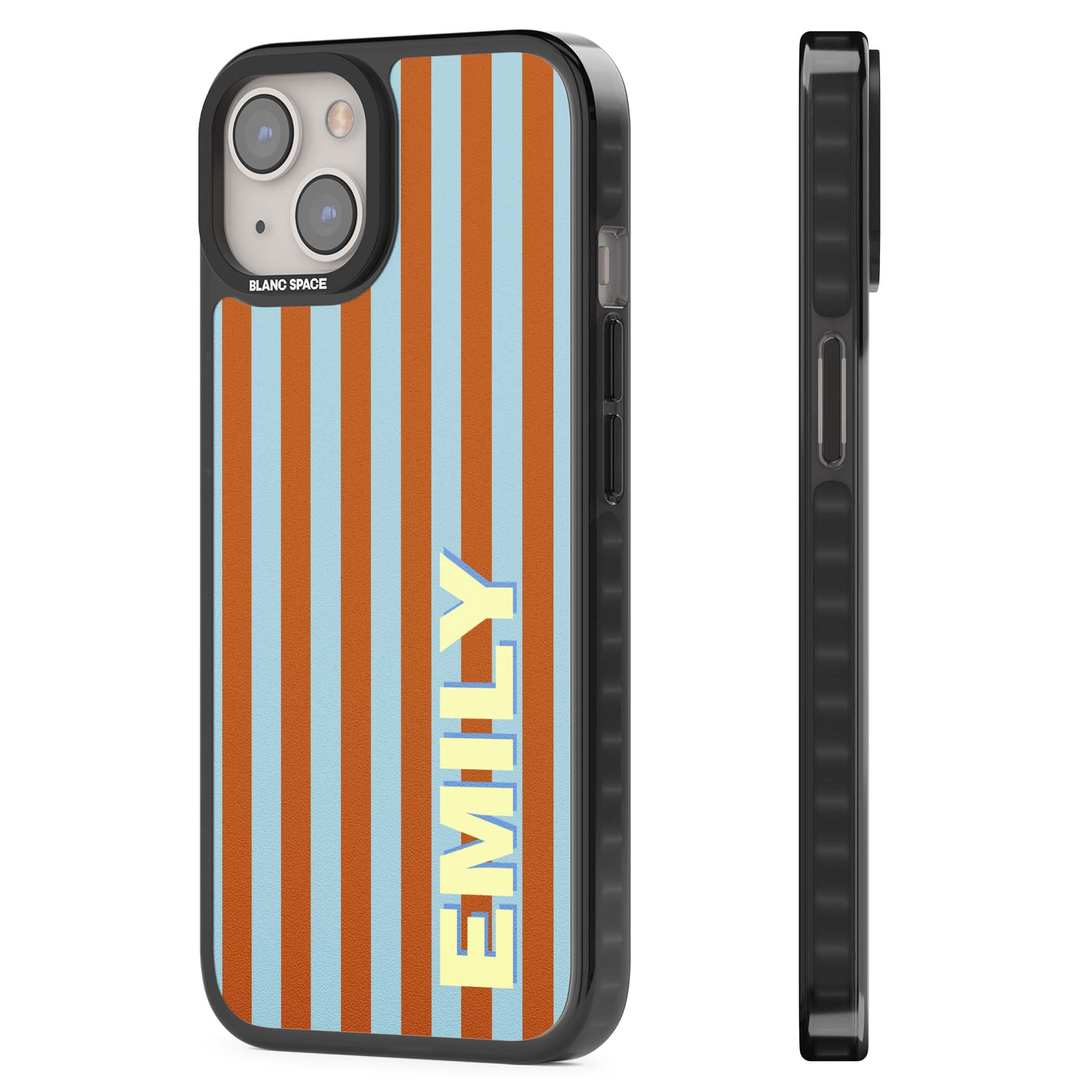 Cappadocia Stripe personalised coastal iPhone case featuring blue and orange vertical stripes with custom cream name | Black Impact Magsafe case for iPhone 13, iPhone 14, iPhone 15