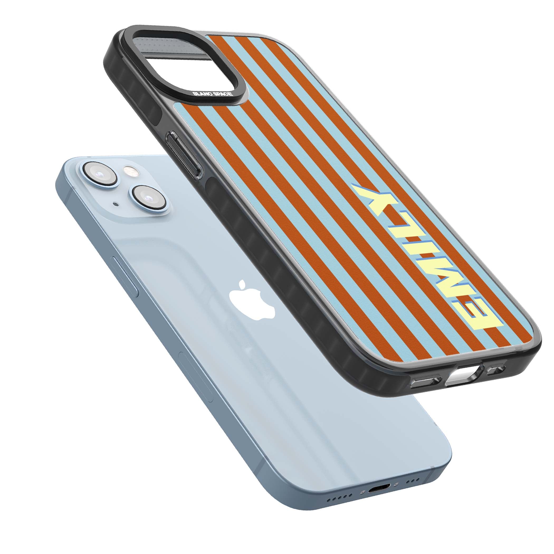 Cappadocia Stripe personalised coastal iPhone case featuring blue and orange vertical stripes with custom cream name | Black Impact Magsafe case for iPhone 13, iPhone 14, iPhone 15