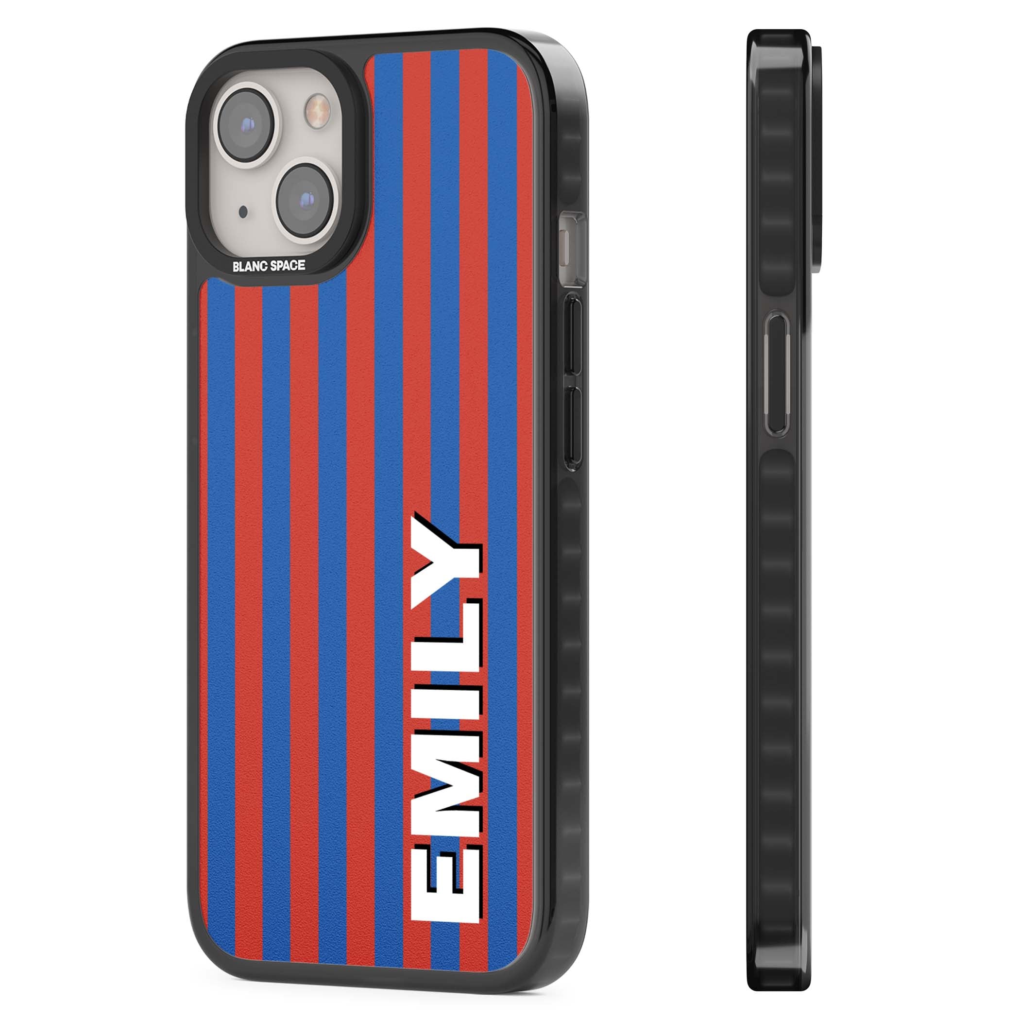 Cuban Stripe personalised iPhone case featuring red and blue vertical stripes with custom name in bold white letters | Black Impact Magsafe case for iPhone 13, iPhone 14, iPhone 15