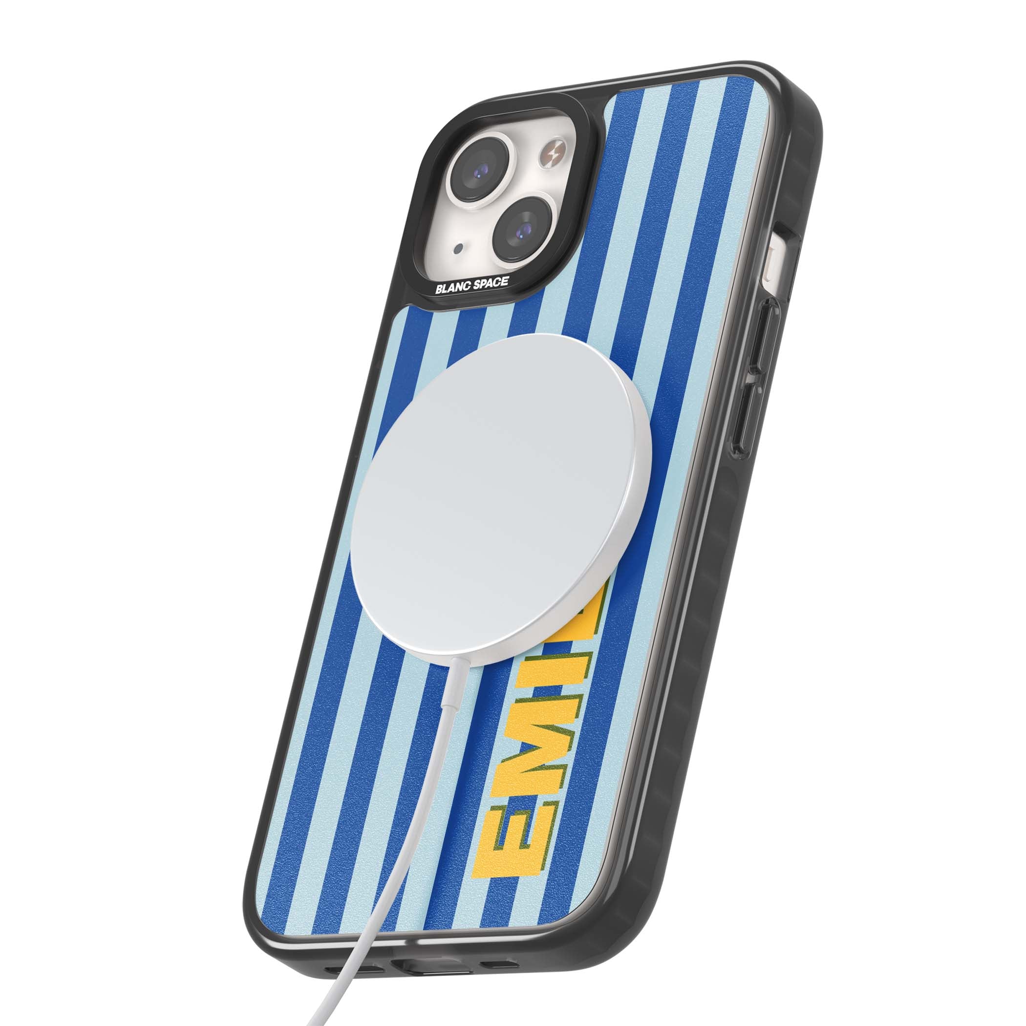 Athenian Stripe personalised preppy iPhone case featuring blue vertical stripes and a custom yellow name | Black Impact Magsafe case for iPhone 13, iPhone 14, iPhone 15