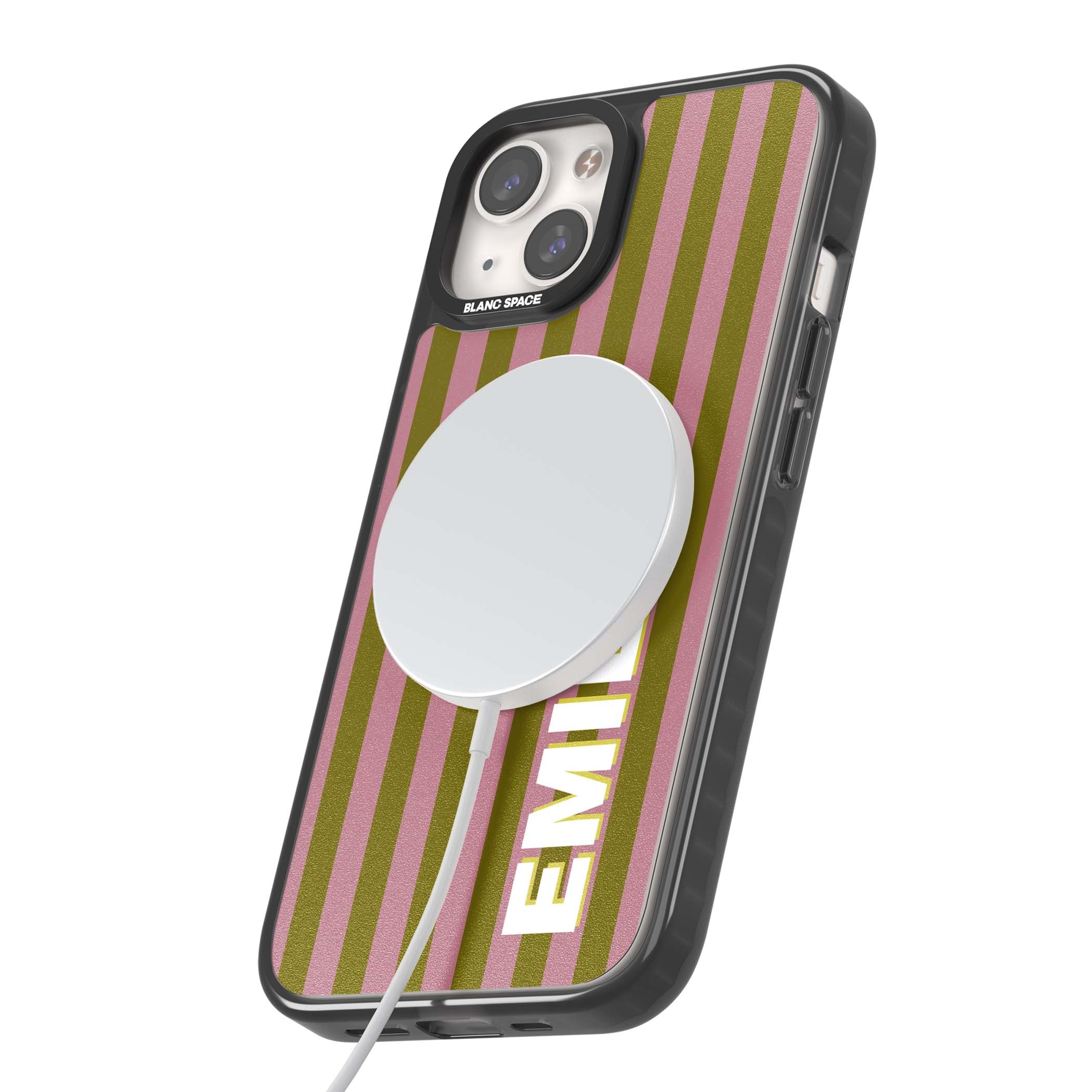 Istanbul Stripe personalised iPhone case featuring pink and olive green vertical stripes with a custom vertical name | Black Impact Magsafe case for iPhone 13, iPhone 14, iPhone 15