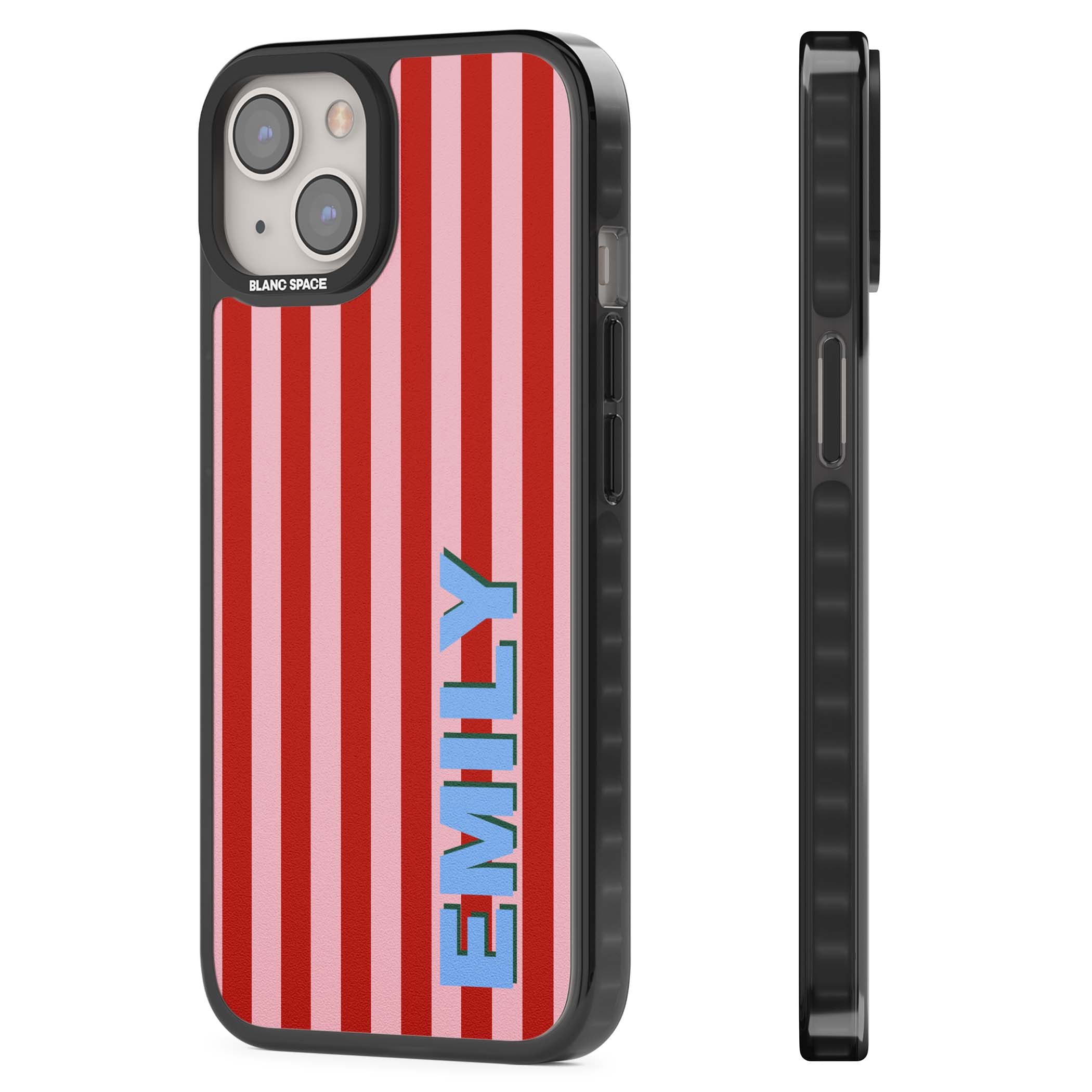 Market Stripe personalised iPhone case with red and pink vertical stripes and custom blue name | Black Impact Magsafe case for iPhone 13, iPhone 14, iPhone 15