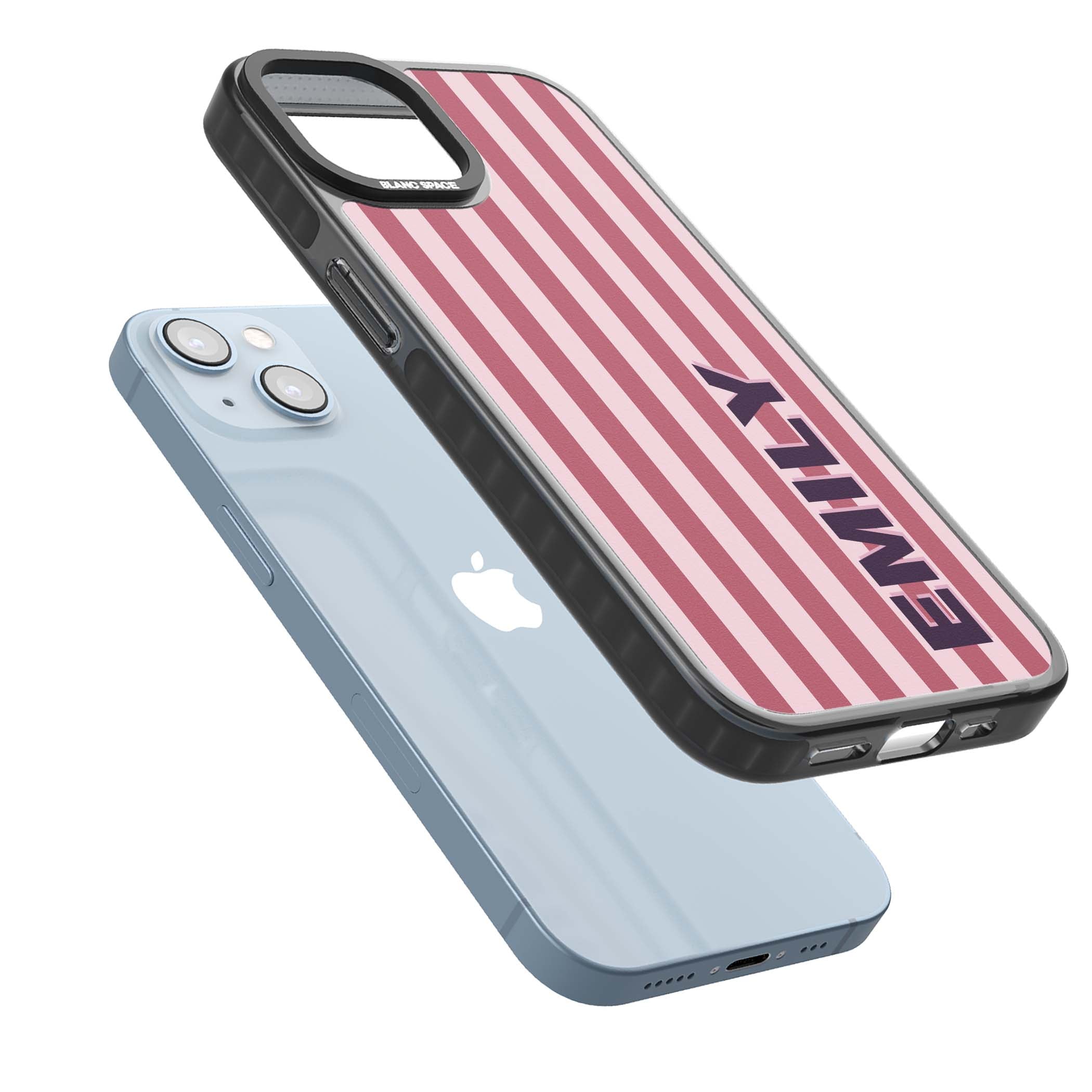 Victoria Stripe personalised iPhone case featuring pink vertical stripes and custom name in bold plum lettering | Black Impact Magsafe case for iPhone 13, iPhone 14, iPhone 15