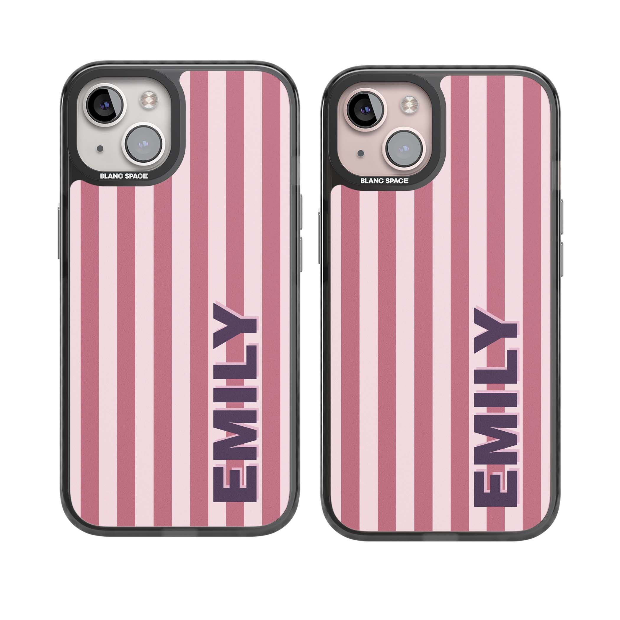 Victoria Stripe personalised iPhone case featuring pink vertical stripes and custom name in bold plum lettering | Black Impact Magsafe case for iPhone 13, iPhone 14, iPhone 15