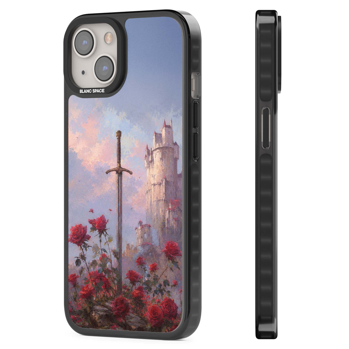 Sword in Roses medieval art iPhone case featuring a sword, red roses, and a misty fairytale castle at sunset | Black Impact Magsafe case for iPhone 13, iPhone 14, iPhone 15