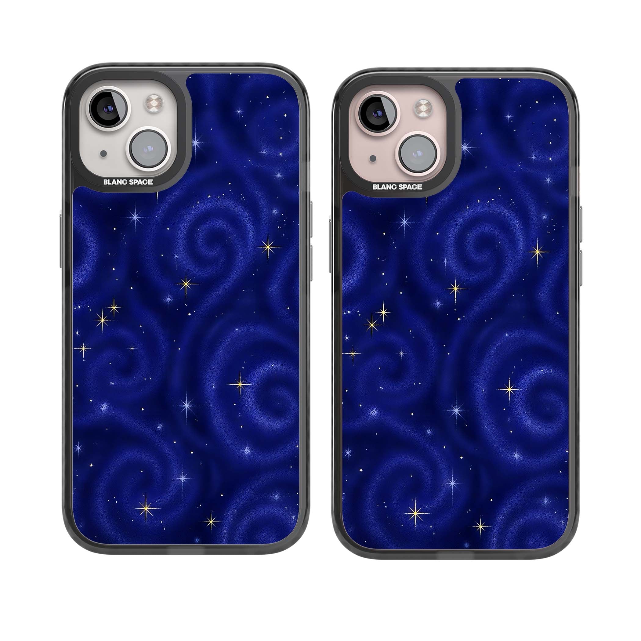 Indigo Cosmos celestial iPhone case featuring swirling navy night sky and sparkling golden stars | Black Impact Magsafe case for iPhone 13, iPhone 14, iPhone 15