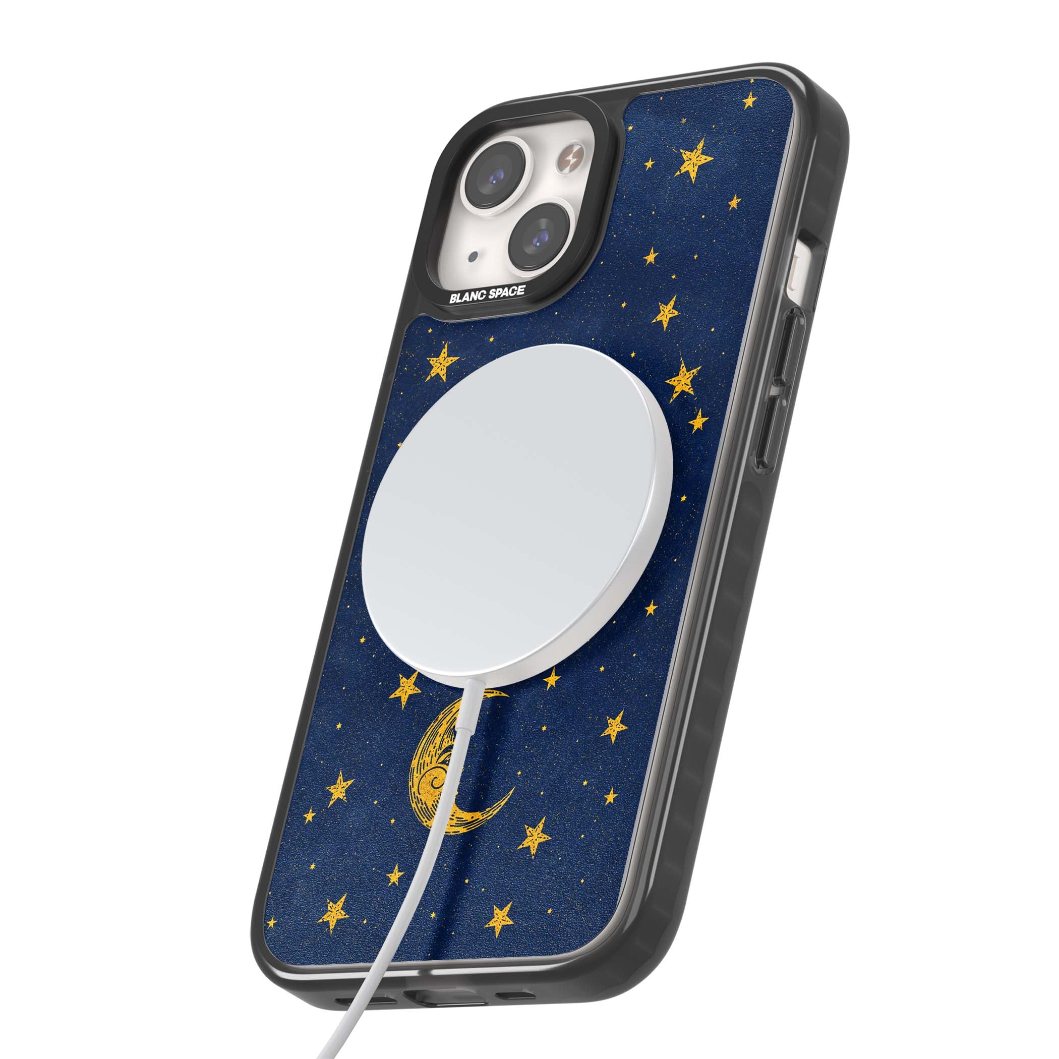 Sun & Moon Reverie celestial iPhone case featuring a vintage golden sun, crescent moon and scattered stars on midnight blue | Black Impact Magsafe case for iPhone 13, iPhone 14, iPhone 15