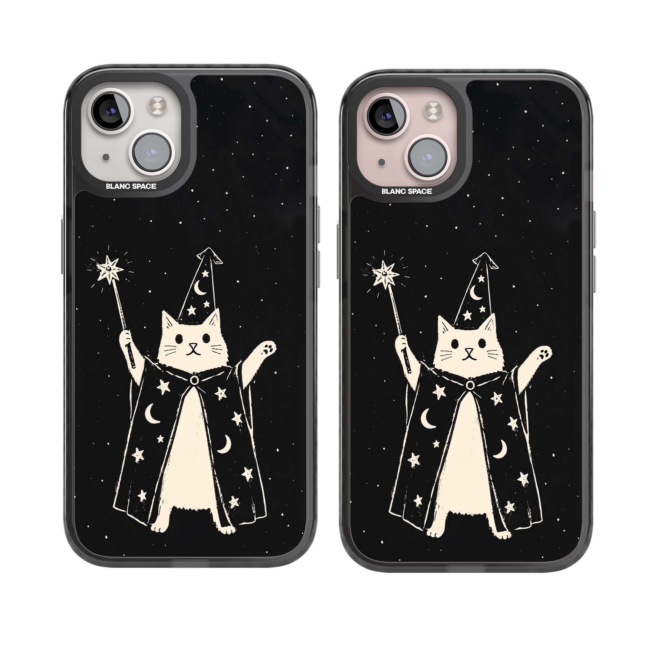 Whisker Wizard celestial cat iPhone case featuring a wizard cat with magic wand, starry night sky and crescent moons | Black Impact Magsafe case for iPhone 13, iPhone 14, iPhone 15
