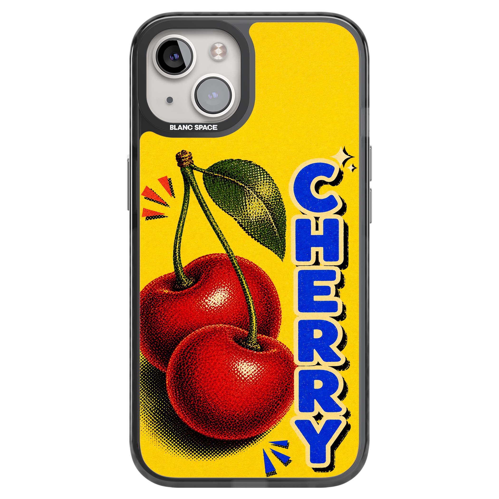 Cherry Yellow y2k iPhone case featuring two red cherries, halftone shading and bold blue CHERRY lettering on yellow | Black Impact Magsafe case for iPhone 13, iPhone 14, iPhone 15