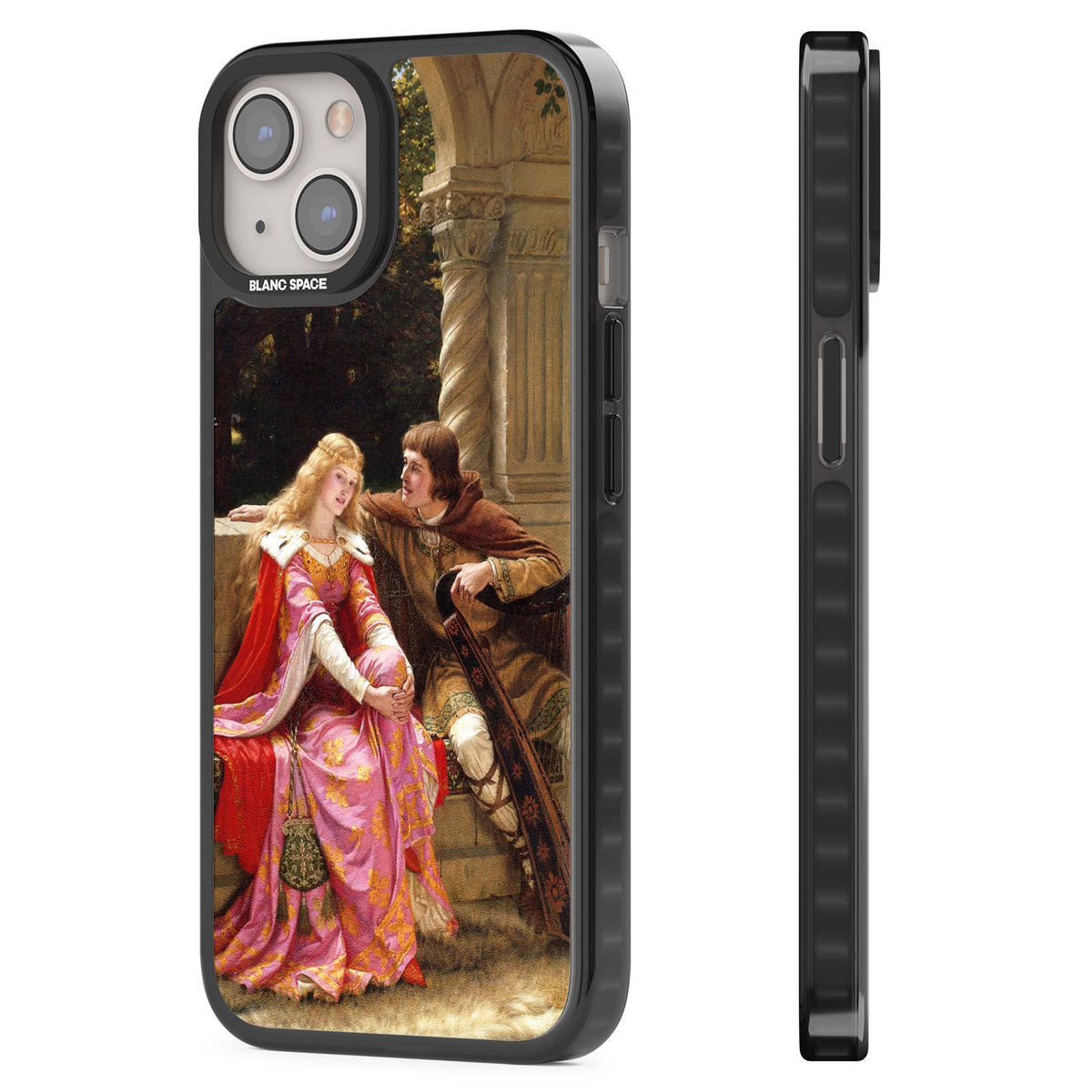 The End of the Song classic art iPhone case featuring a medieval lady in pink gown and her knight in a stone archway | Black Impact Magsafe case for iPhone 13, iPhone 14, iPhone 15