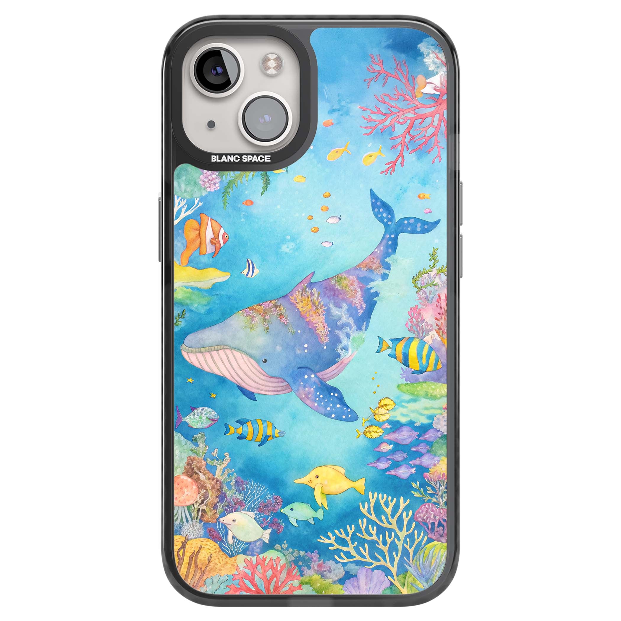 Coral Lagoon ocean iPhone case featuring a watercolour whale, coral reef and tropical fish | Black Impact Magsafe case for iPhone 13, iPhone 14, iPhone 15
