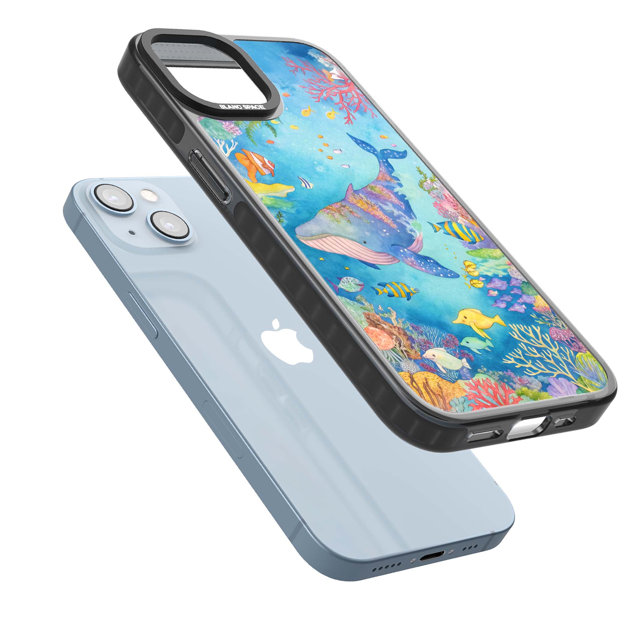 Coral Lagoon ocean iPhone case featuring a watercolour whale, coral reef and tropical fish | Black Impact Magsafe case for iPhone 13, iPhone 14, iPhone 15