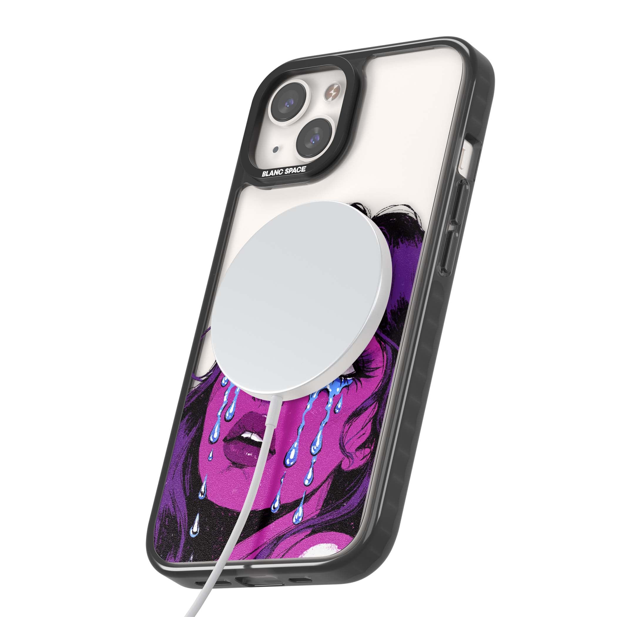 Drama Queen pop art iPhone case featuring a purple crying comic girl with blue tears | Black Impact Magsafe case for iPhone 13, iPhone 14, iPhone 15