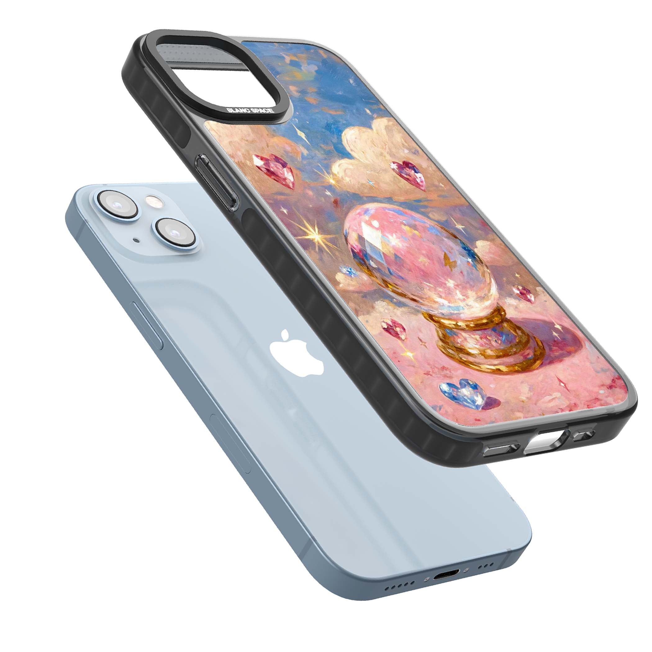 Crystal Ball fairycore iPhone case featuring a painted crystal ball, heart gemstones, and pastel clouds | Black Impact Magsafe case for iPhone 13, iPhone 14, iPhone 15