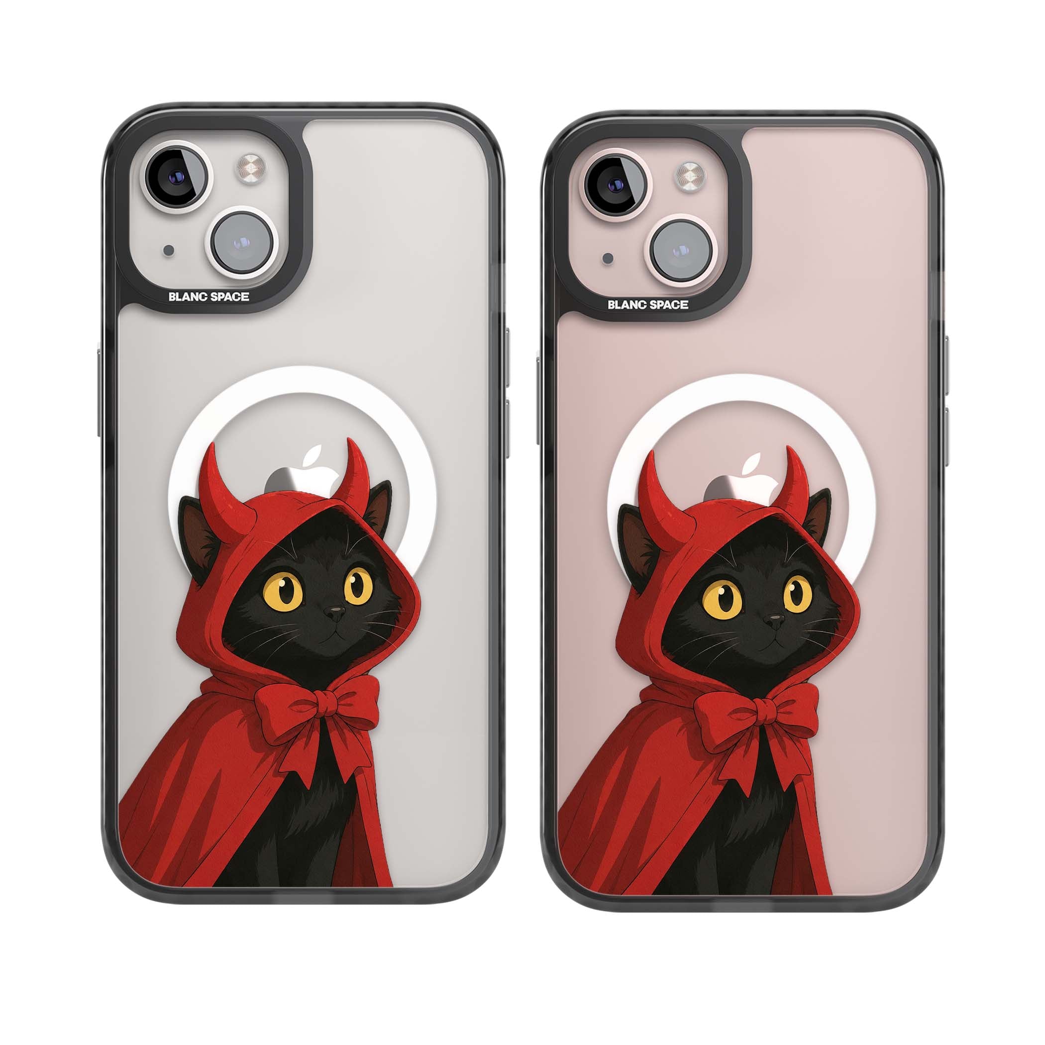 Little Devil halloween iPhone case featuring a black cat in a red hooded devil cloak with horns and golden eyes | Black Impact Magsafe case for iPhone 13, iPhone 14, iPhone 15