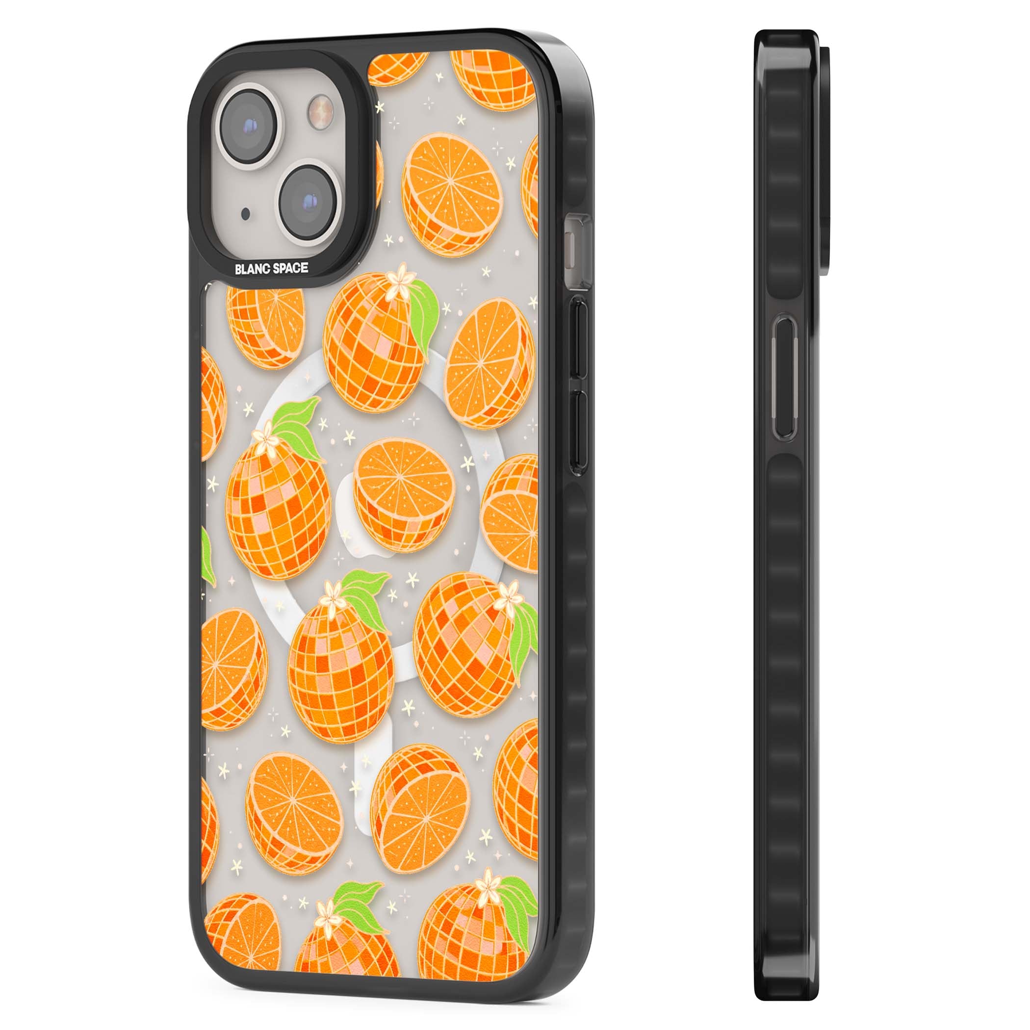 Disco Oranges retro iPhone case featuring mirrorball oranges, citrus slices and tiny blossoms on clear | Black Impact Magsafe case for iPhone 13, iPhone 14, iPhone 15