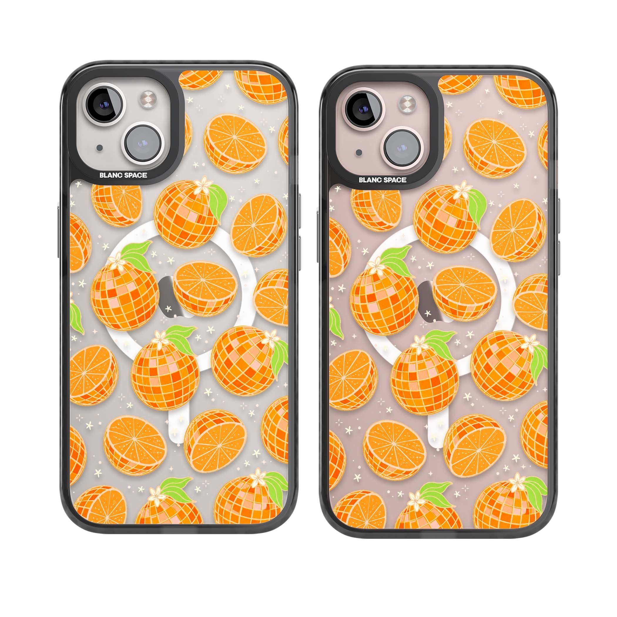Disco Oranges retro iPhone case featuring mirrorball oranges, citrus slices and tiny blossoms on clear | Black Impact Magsafe case for iPhone 13, iPhone 14, iPhone 15