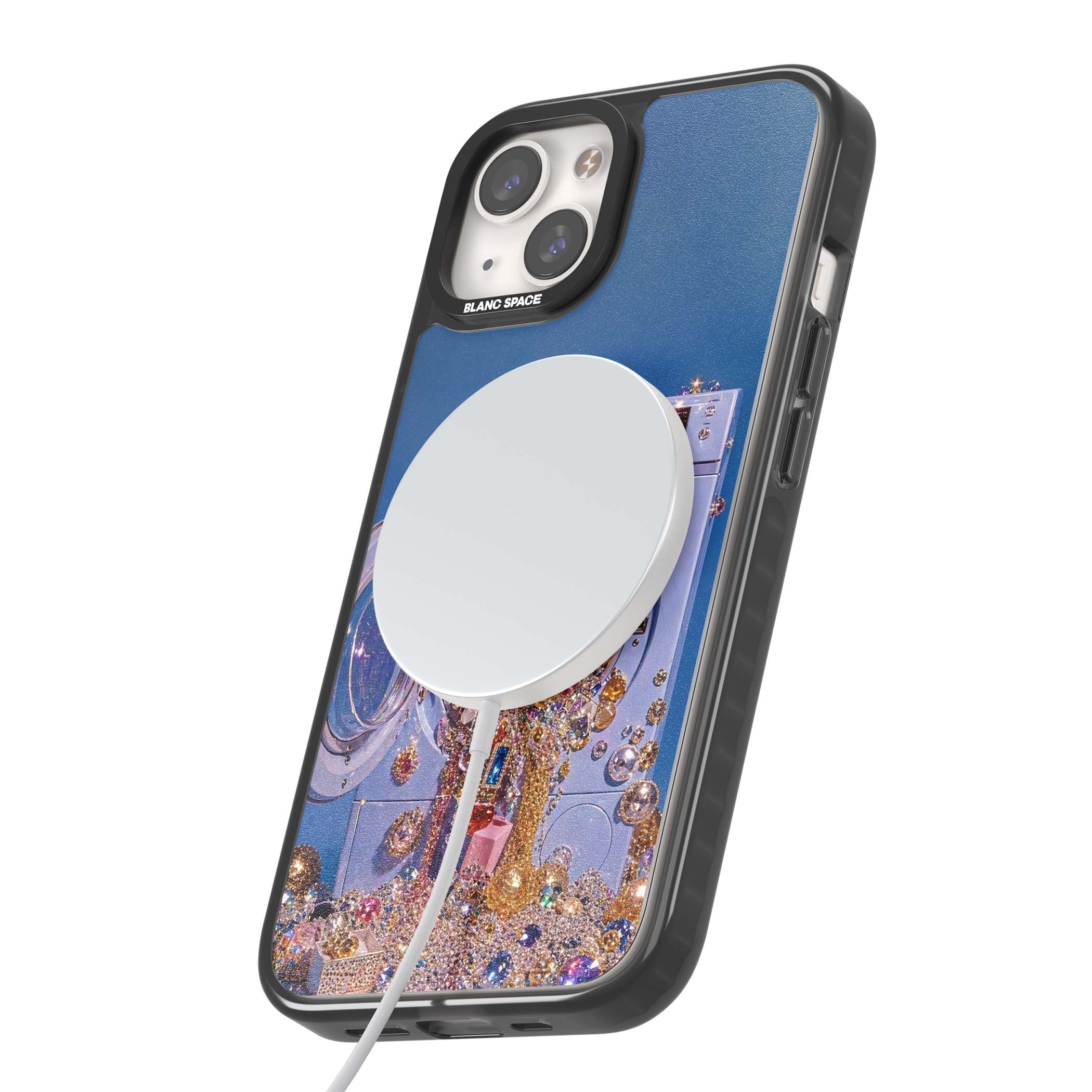 Gem Laundry baddie iPhone case featuring a surreal washing machine overflowing with colourful gemstones and crystals | Black Impact Magsafe case for iPhone 13, iPhone 14, iPhone 15