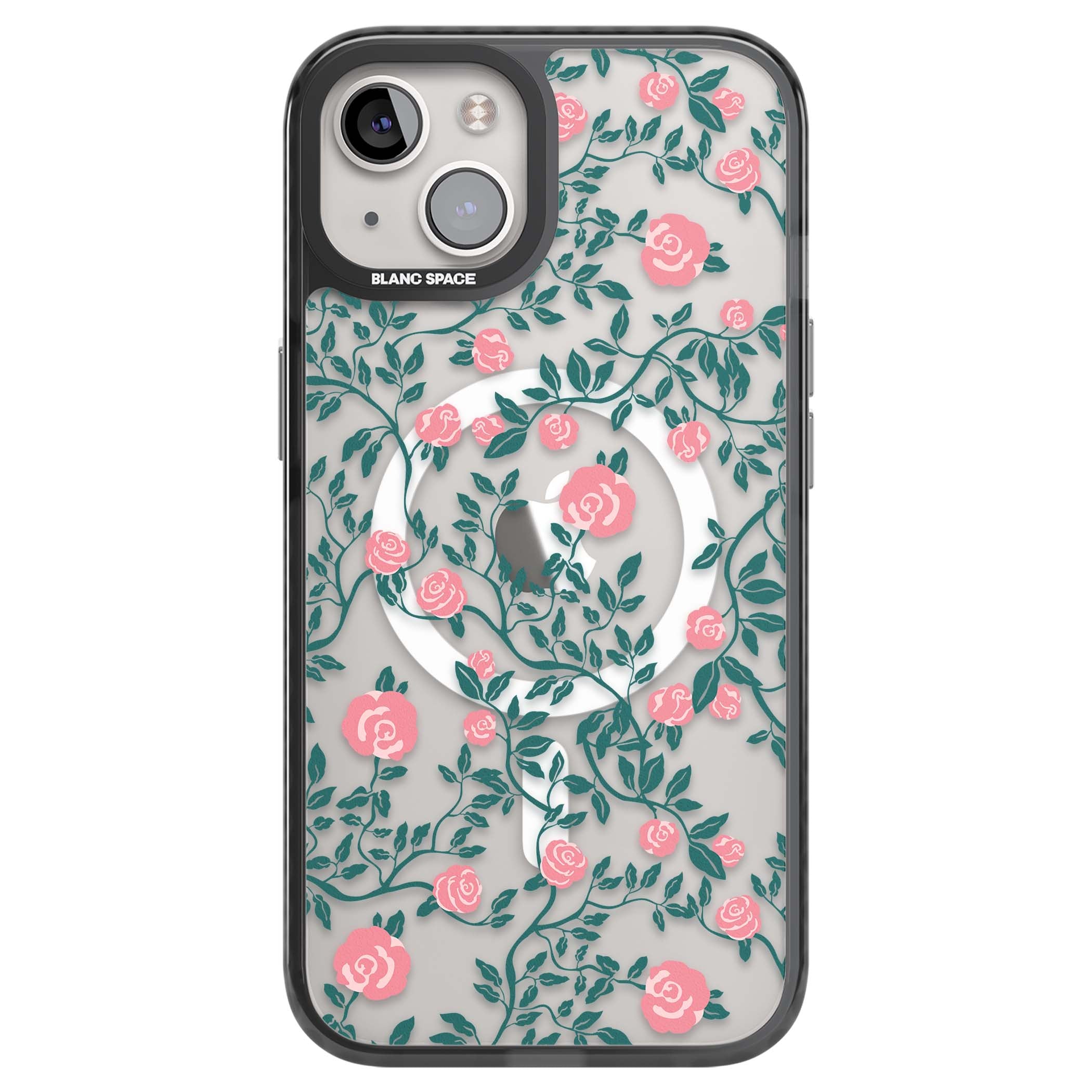 Rose Trellis (Clear) cottagecore iPhone case featuring pink climbing roses and green leaves on clear background | Black Impact Magsafe case for iPhone 13, iPhone 14, iPhone 15