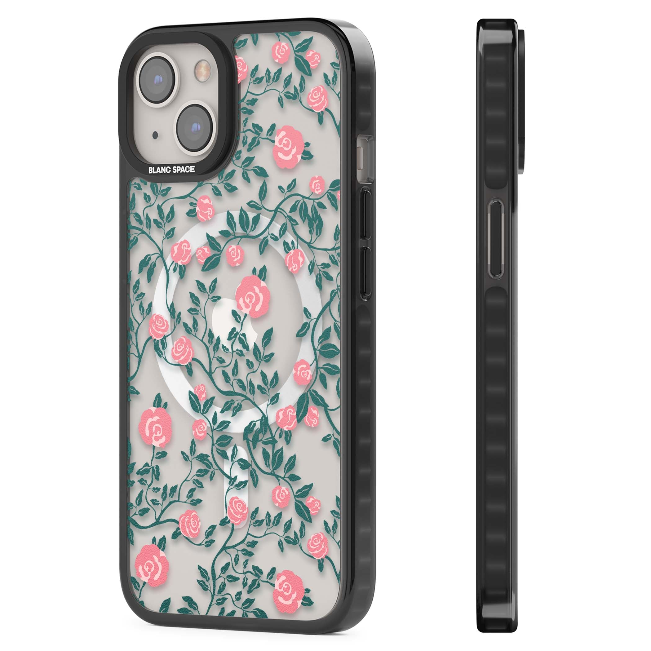Rose Trellis (Clear) cottagecore iPhone case featuring pink climbing roses and green leaves on clear background | Black Impact Magsafe case for iPhone 13, iPhone 14, iPhone 15