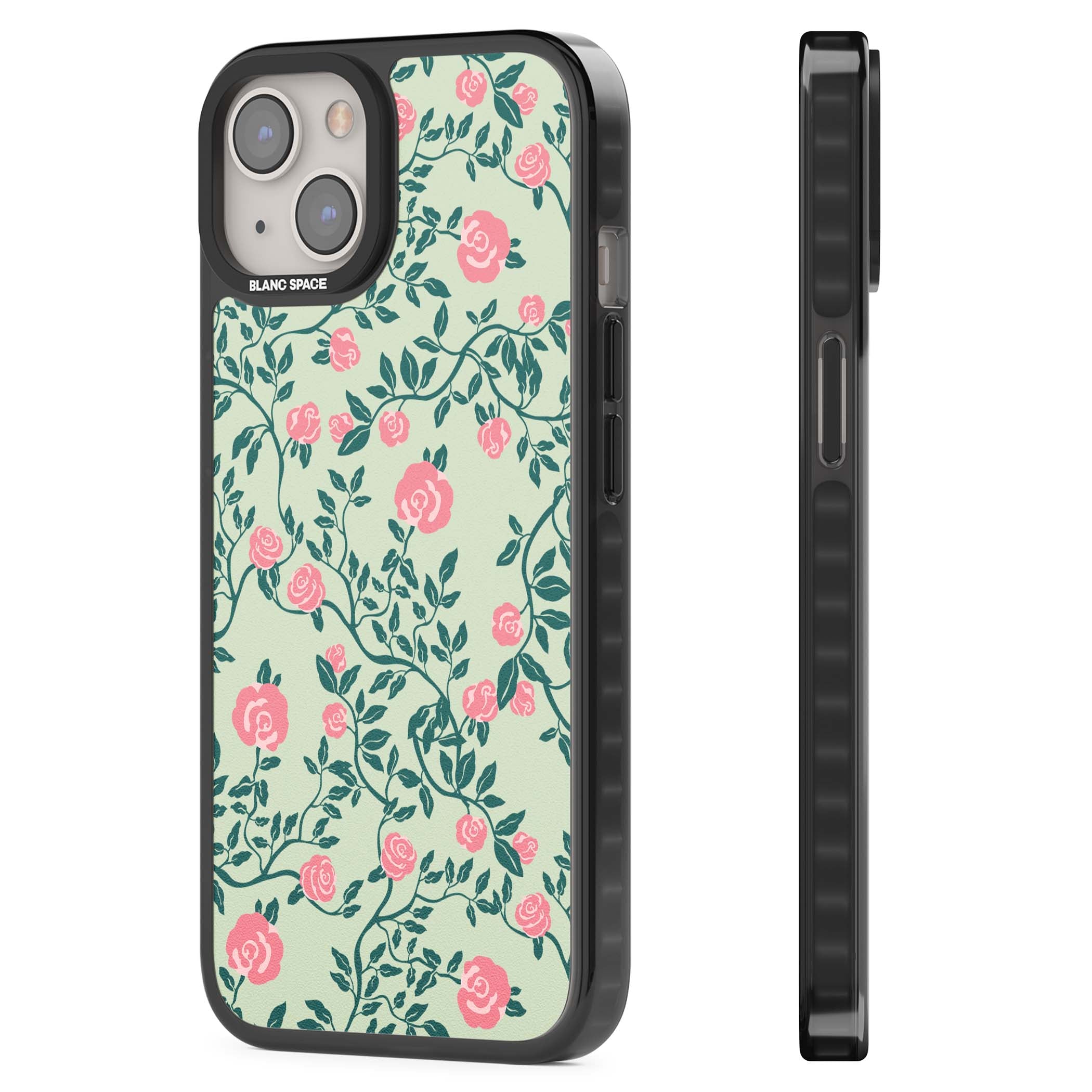 Rose Trellis cottagecore iPhone case featuring pink roses, sage green vines, and mint background | Black Impact Magsafe case for iPhone 13, iPhone 14, iPhone 15