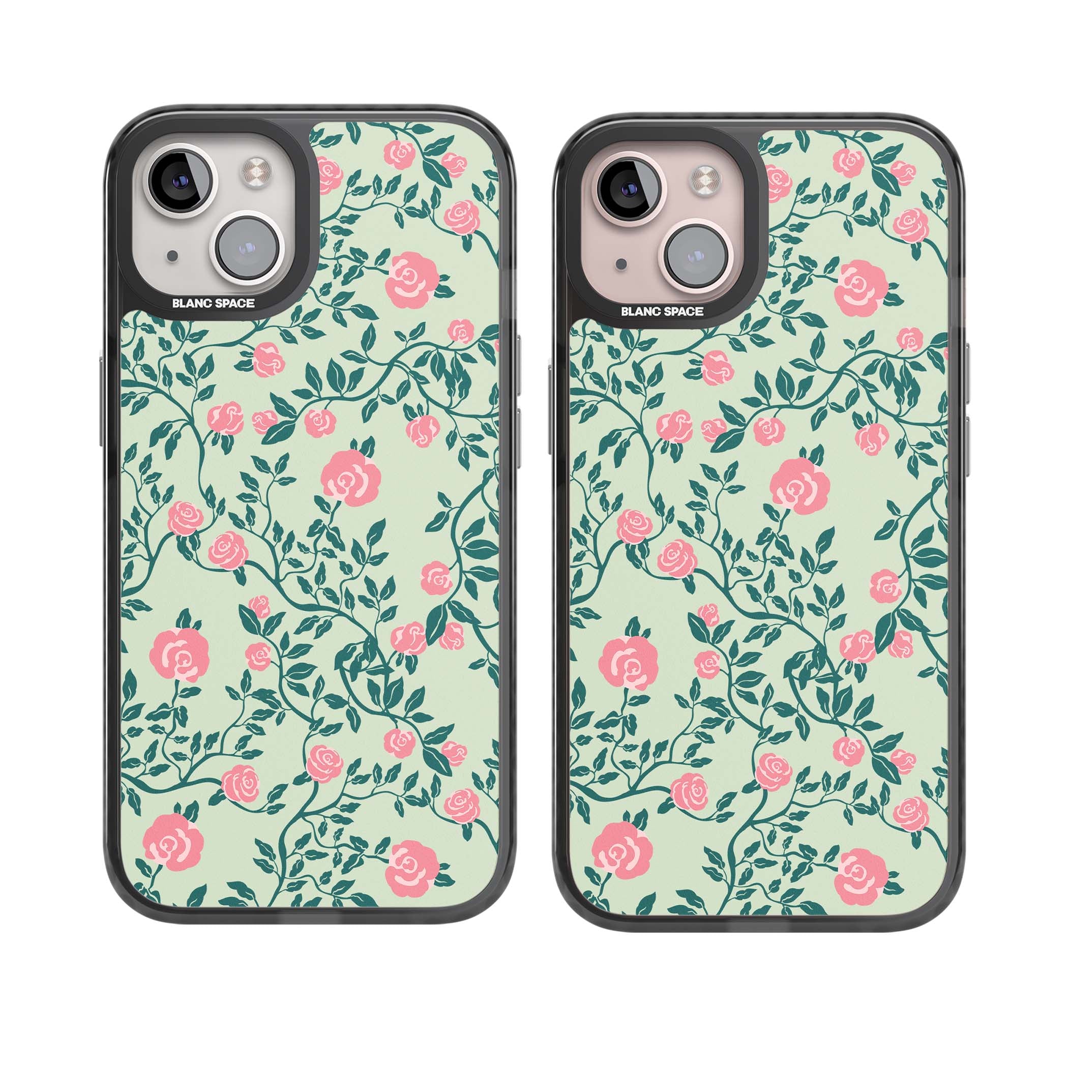 Rose Trellis cottagecore iPhone case featuring pink roses, sage green vines, and mint background | Black Impact Magsafe case for iPhone 13, iPhone 14, iPhone 15