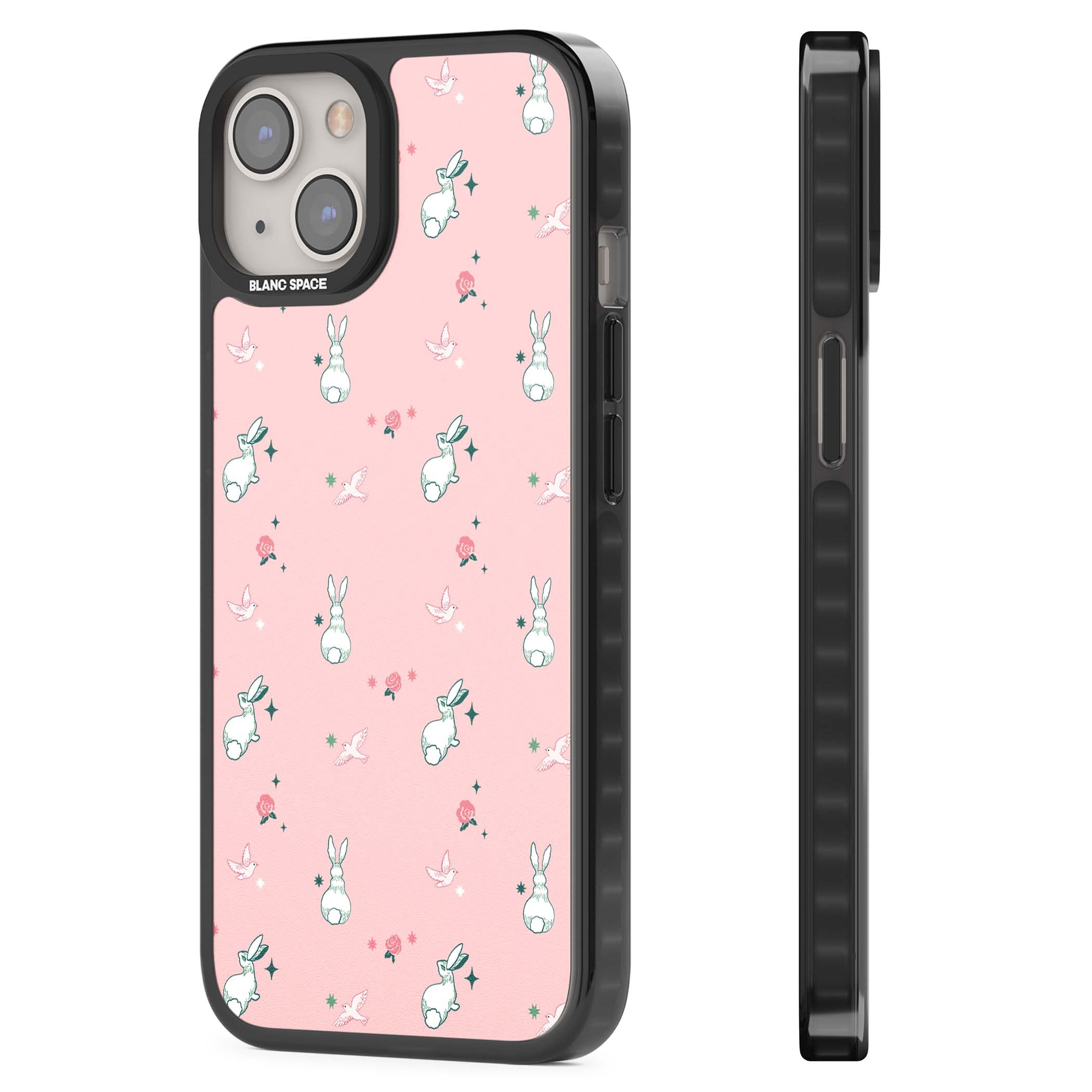 Bunny Garden kawaii iPhone case featuring white rabbits, pink roses, doves and stars on pink background | Black Impact Magsafe case for iPhone 13, iPhone 14, iPhone 15