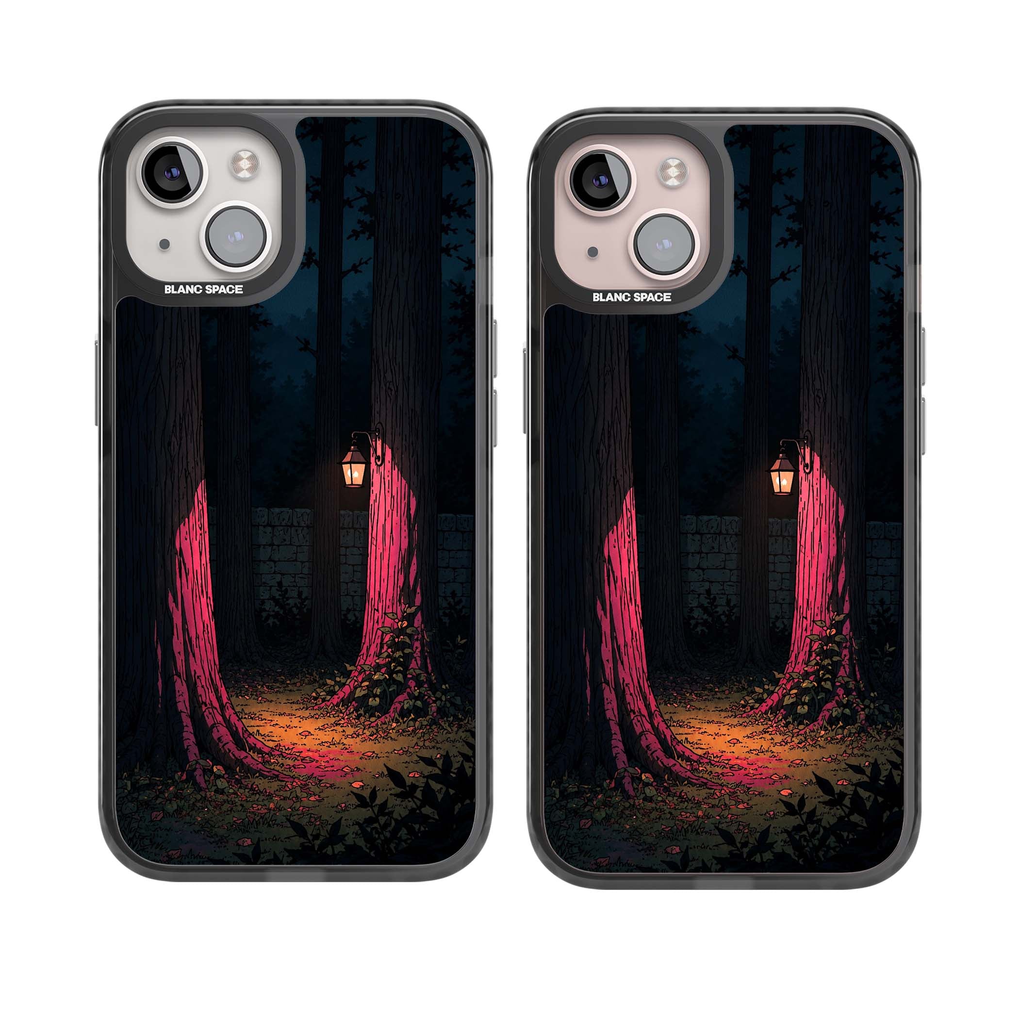 Forest Lantern dark academia iPhone case featuring a moonlit forest, glowing lantern, and stone wall pathway | Black Impact Magsafe case for iPhone 13, iPhone 14, iPhone 15