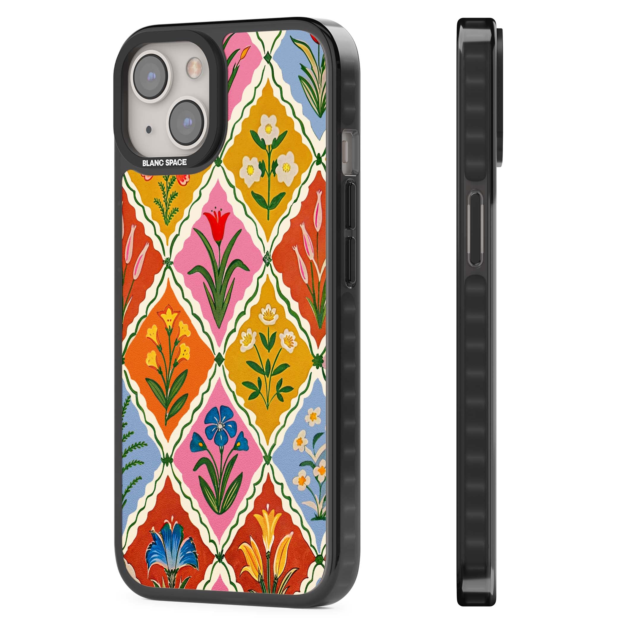Floral Quilt boho floral iPhone case featuring diamond lattice pattern, hand-painted tulips and folk art wildflowers | Black Impact Magsafe case for iPhone 13, iPhone 14, iPhone 15
