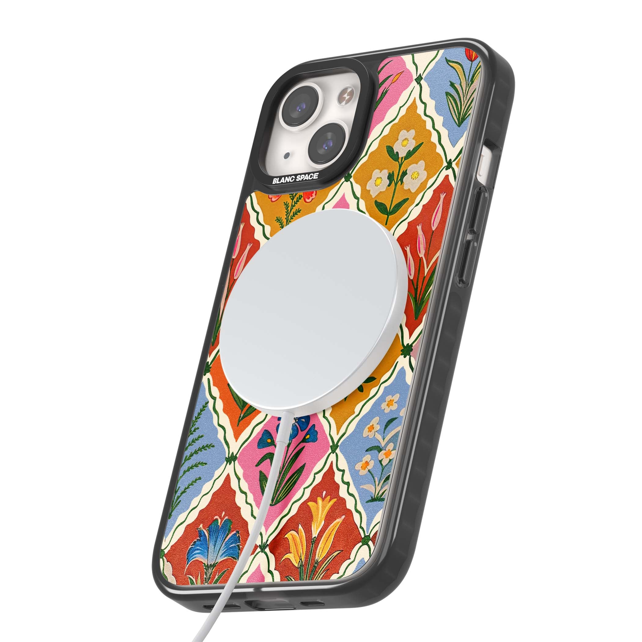 Floral Quilt boho floral iPhone case featuring diamond lattice pattern, hand-painted tulips and folk art wildflowers | Black Impact Magsafe case for iPhone 13, iPhone 14, iPhone 15