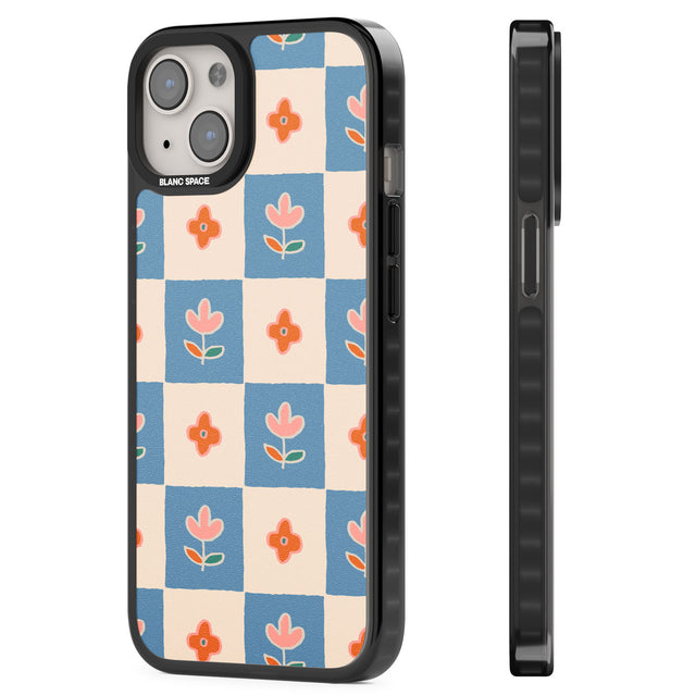 Vintage Bloom Checkered Magsafe Black Impact Phone Case for iPhone 13, iPhone 14, iPhone 15