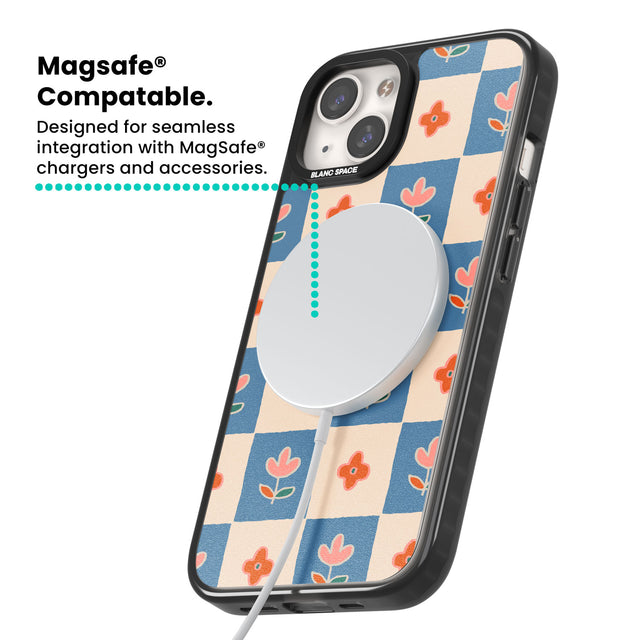 Vintage Bloom Checkered Magsafe Black Impact Phone Case for iPhone 13, iPhone 14, iPhone 15