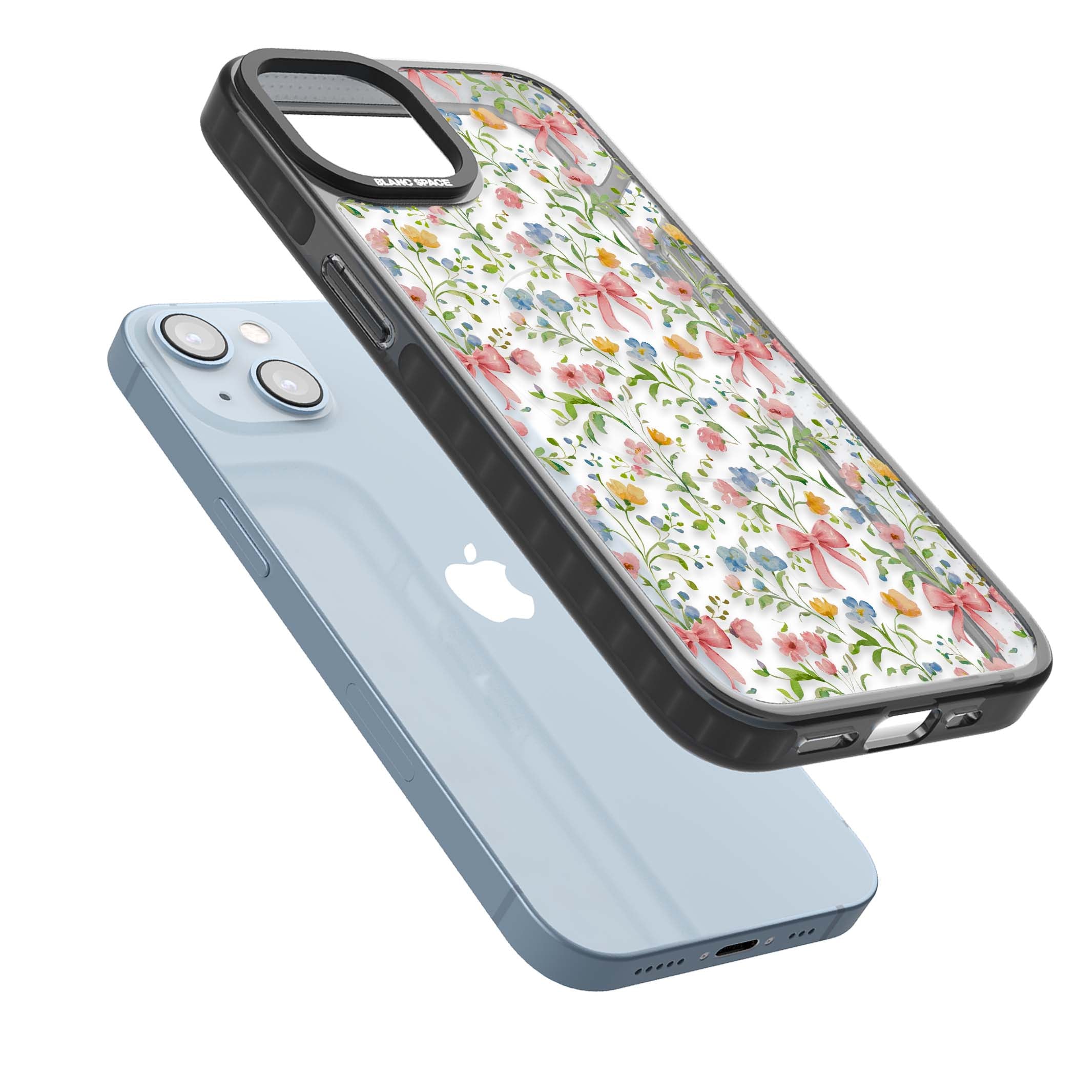 Ribbons & Wildflowers cottagecore iPhone case featuring watercolor wildflowers, pink satin bows, and delicate spring blooms o | Black Impact Magsafe case for iPhone 13, iPhone 14, iPhone 15