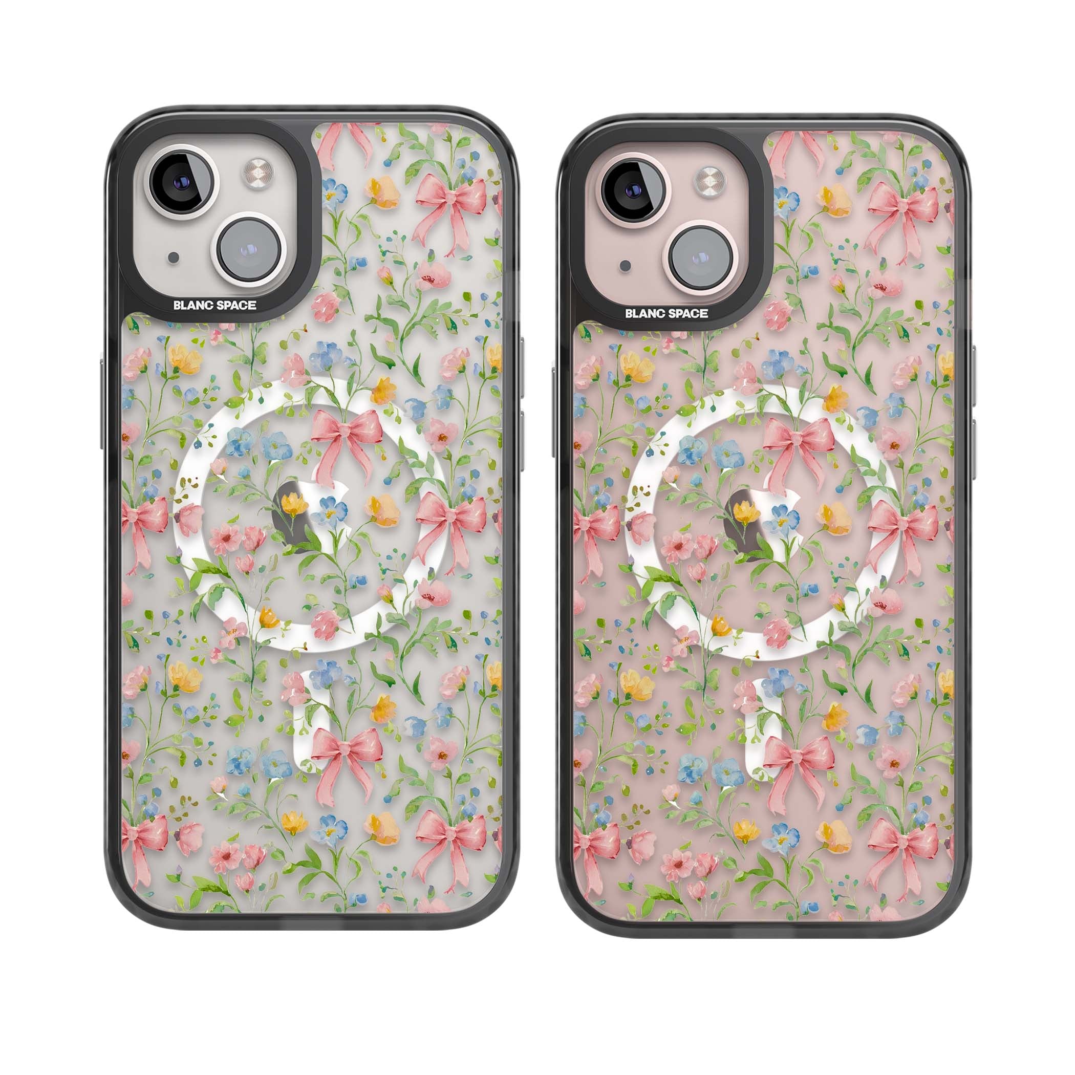 Ribbons & Wildflowers cottagecore iPhone case featuring watercolor wildflowers, pink satin bows, and delicate spring blooms o | Black Impact Magsafe case for iPhone 13, iPhone 14, iPhone 15