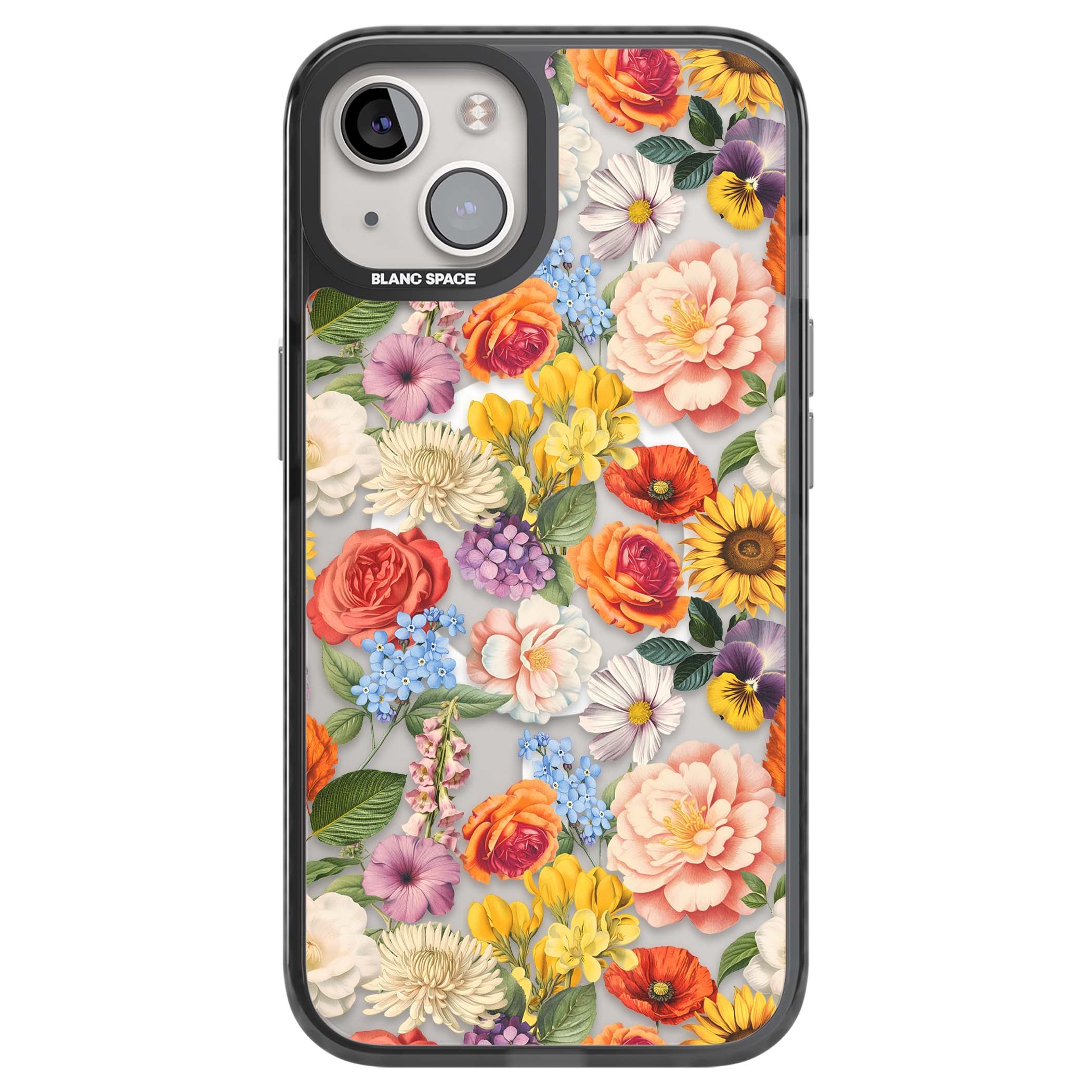 Bloom Basket floral iPhone case featuring cottage garden flowers including peonies, sunflowers, and wildflowers in pastel col | Black Impact Magsafe case for iPhone 13, iPhone 14, iPhone 15