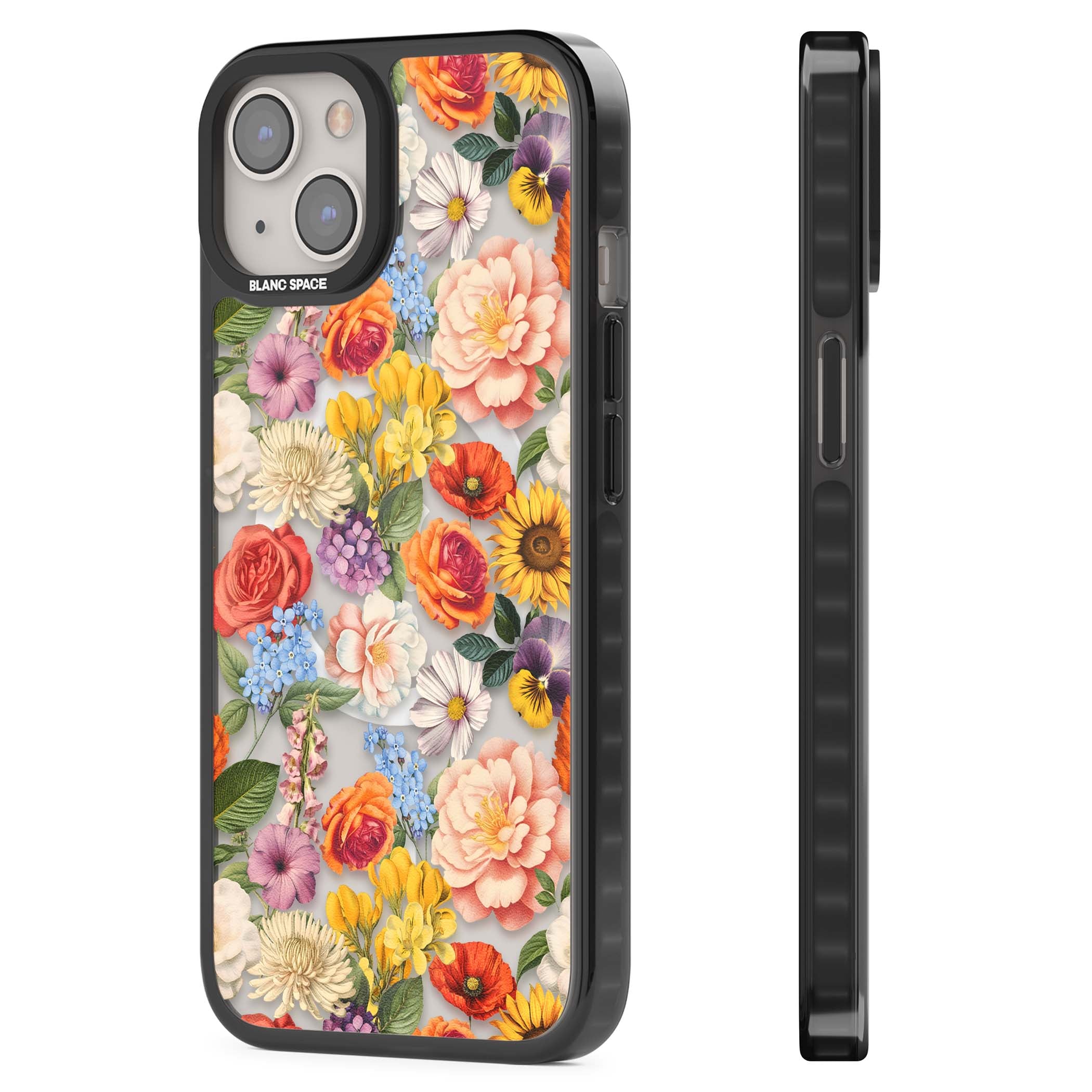 Bloom Basket floral iPhone case featuring cottage garden flowers including peonies, sunflowers, and wildflowers in pastel col | Black Impact Magsafe case for iPhone 13, iPhone 14, iPhone 15