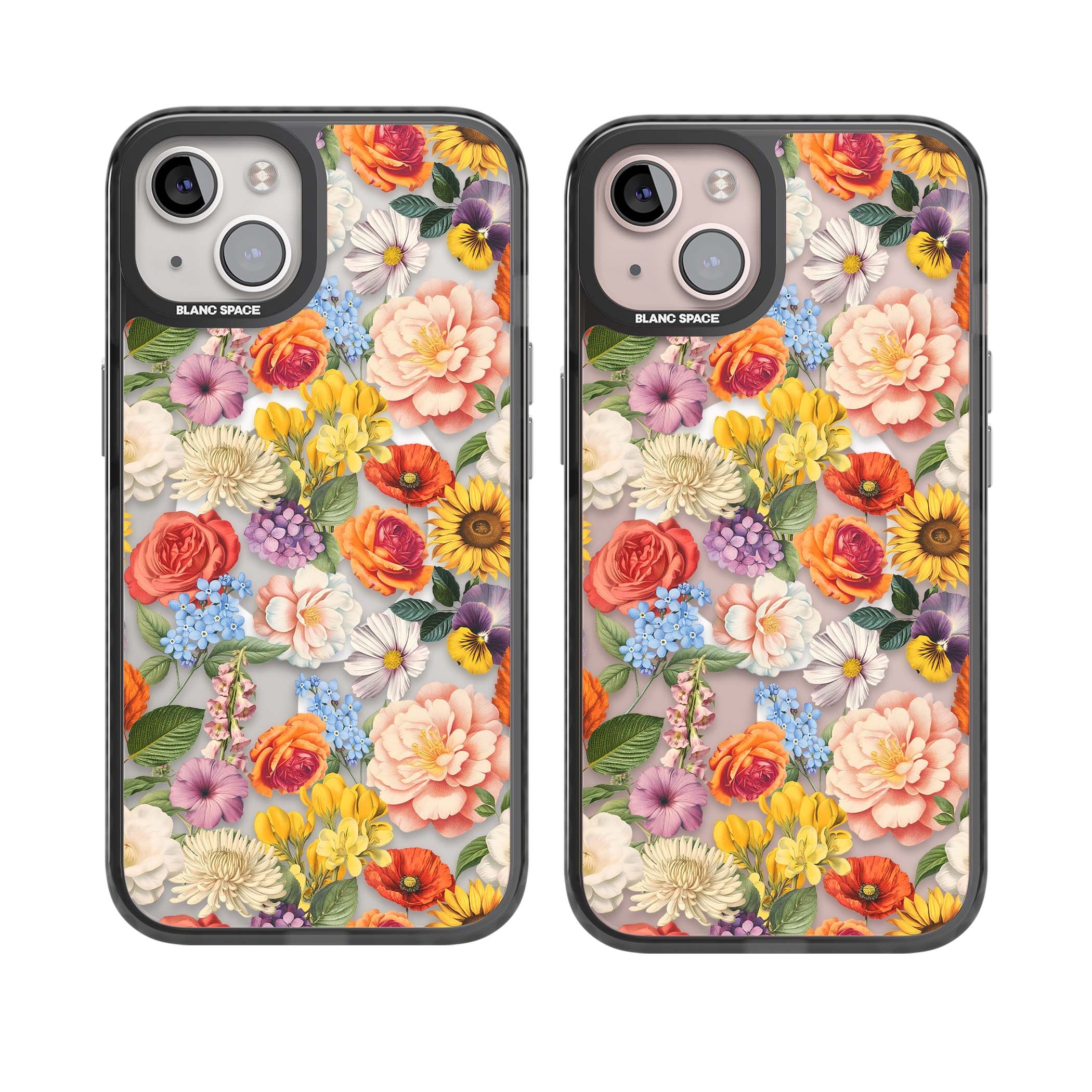 Bloom Basket floral iPhone case featuring cottage garden flowers including peonies, sunflowers, and wildflowers in pastel col | Black Impact Magsafe case for iPhone 13, iPhone 14, iPhone 15