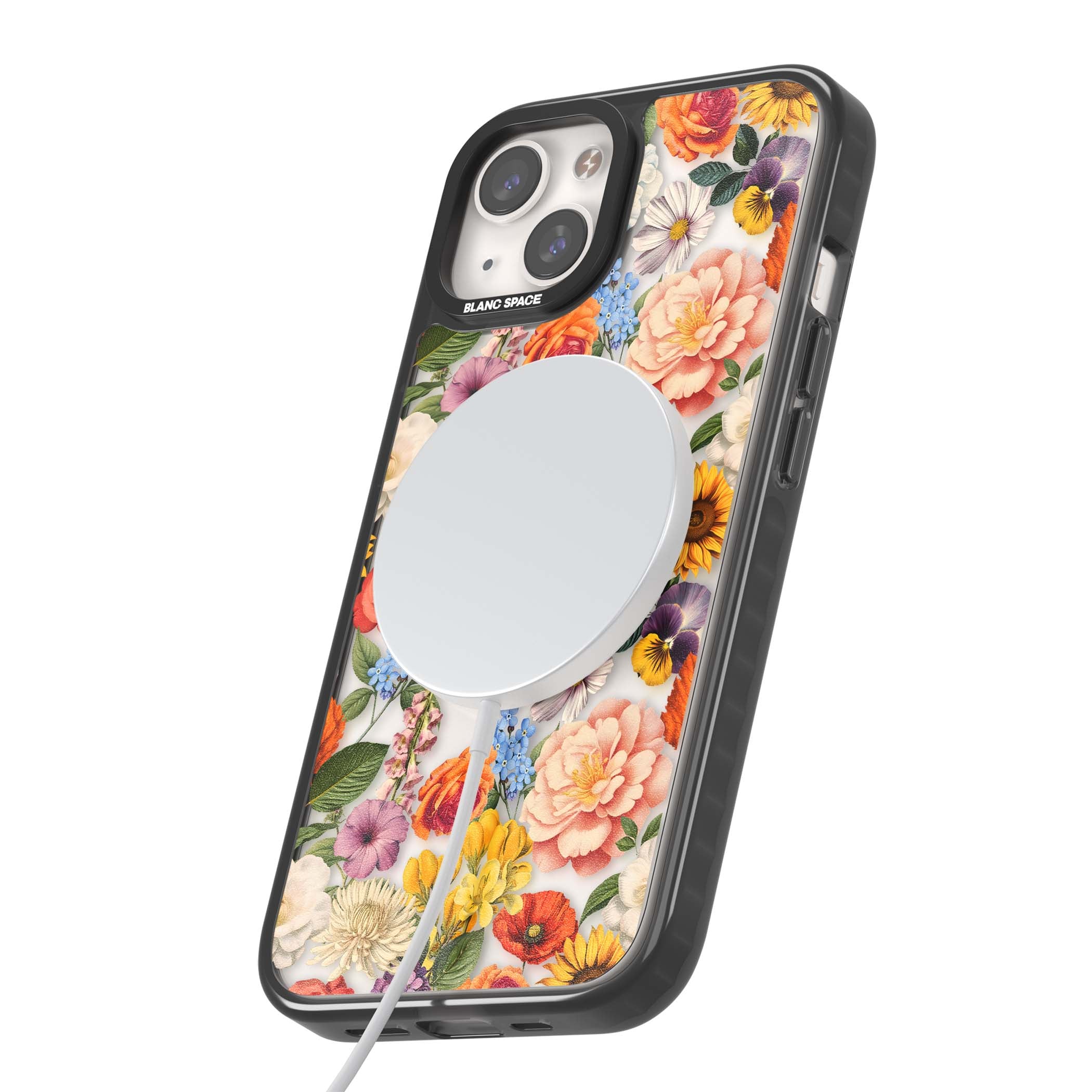 Bloom Basket floral iPhone case featuring cottage garden flowers including peonies, sunflowers, and wildflowers in pastel col | Black Impact Magsafe case for iPhone 13, iPhone 14, iPhone 15