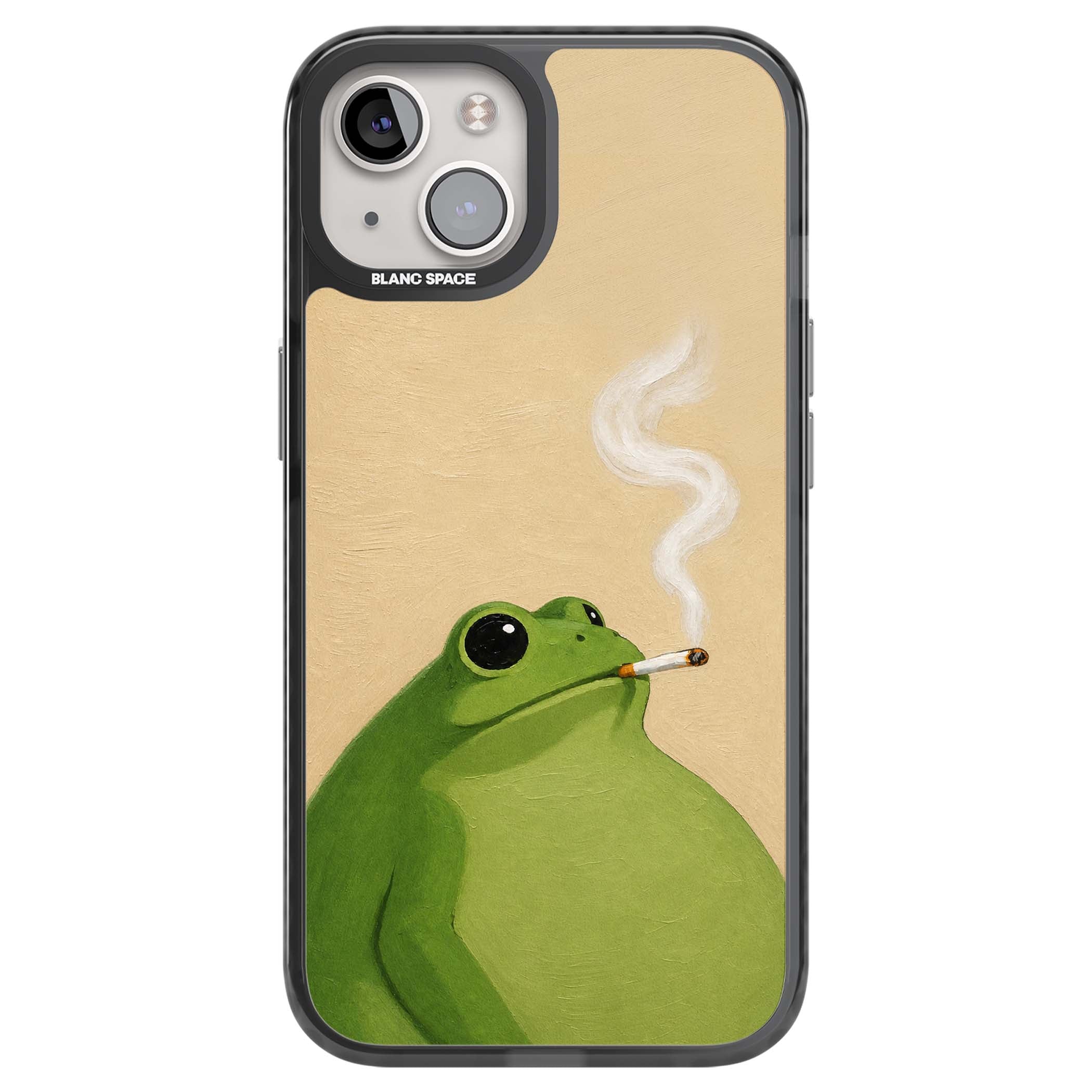 The Smoking Frog cottagecore iPhone case featuring a hand-painted green frog smoking a cigarette on a cream oil painting back | Black Impact Magsafe case for iPhone 13, iPhone 14, iPhone 15
